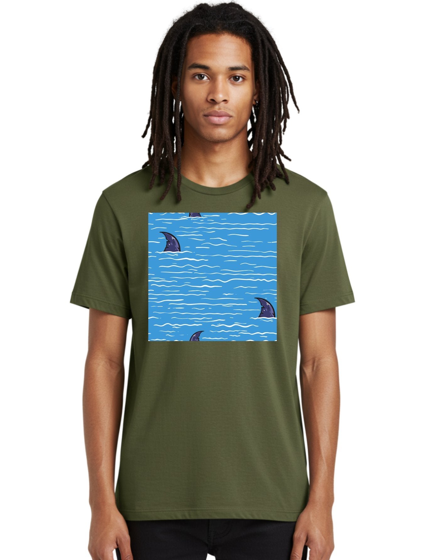 Shark-Fins Men'S Graphic Tee, 100% Cotton, Comfortable Casual Summer Wear, Machine Washable, Shark Fins In Water, Ocean Fins, Shark Attack, Marine Life, Blue Ocean, Wavy Sea, Shark Danger, Aquatic Scene Aac420 21