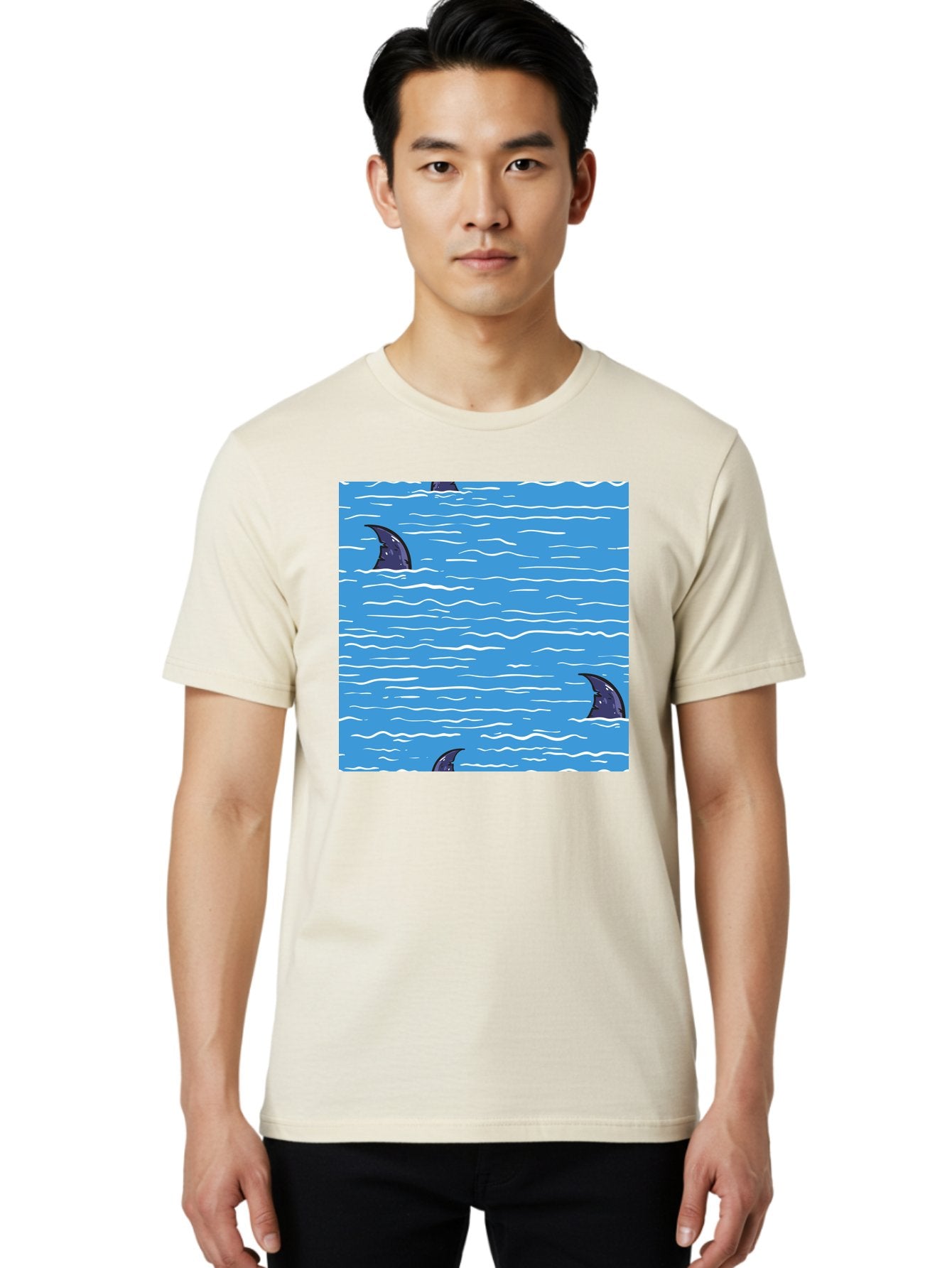 Shark-Fins Men'S Graphic Tee, 100% Cotton, Comfortable Casual Summer Wear, Machine Washable, Shark Fins In Water, Ocean Fins, Shark Attack, Marine Life, Blue Ocean, Wavy Sea, Shark Danger, Aquatic Scene Aac420 25