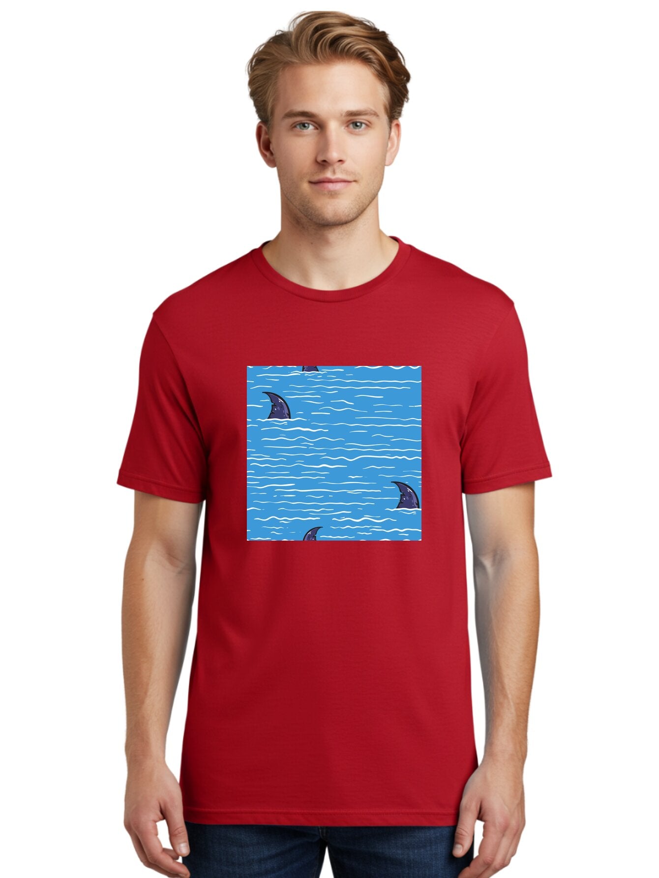 Shark-Fins Men'S Graphic Tee, 100% Cotton, Comfortable Casual Summer Wear, Machine Washable, Shark Fins In Water, Ocean Fins, Shark Attack, Marine Life, Blue Ocean, Wavy Sea, Shark Danger, Aquatic Scene Aac420 16