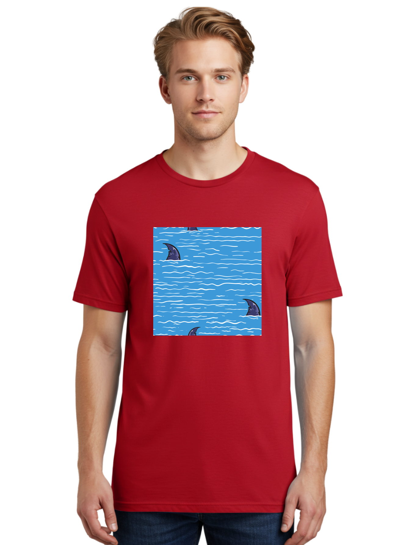 Shark-Fins Men'S Graphic Tee, 100% Cotton, Comfortable Casual Summer Wear, Machine Washable, Shark Fins In Water, Ocean Fins, Shark Attack, Marine Life, Blue Ocean, Wavy Sea, Shark Danger, Aquatic Scene Aac420 26