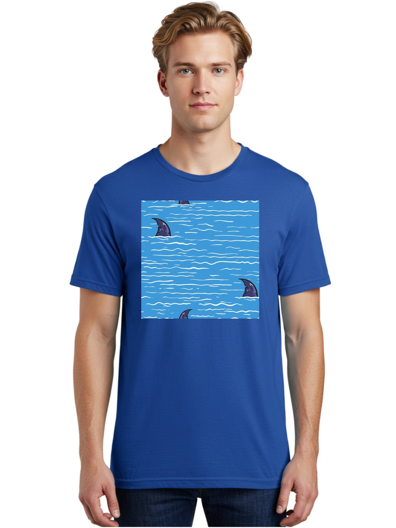 Shark-Fins Men'S Graphic Tee, 100% Cotton, Comfortable Casual Summer Wear, Machine Washable, Shark Fins In Water, Ocean Fins, Shark Attack, Marine Life, Blue Ocean, Wavy Sea, Shark Danger, Aquatic Scene Aac420 23