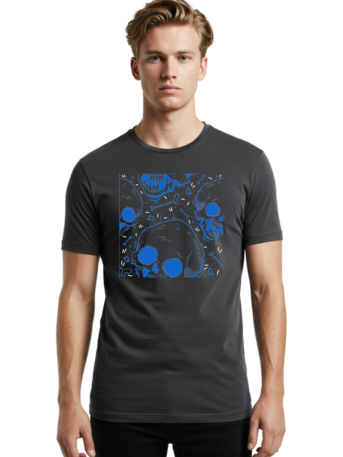 Skulls-And-Bones Men'S Graphic Tee, 100% Cotton, Comfortable Casual Summer Wear, Machine Washable, Skulls, Bones, Seamless Pattern, Gothic Design, Grunge Style, Tattoo Art, Yellow And Blue Hues, Graphic Print, Edgy Aesthetic, Skull Motif Aac421 26