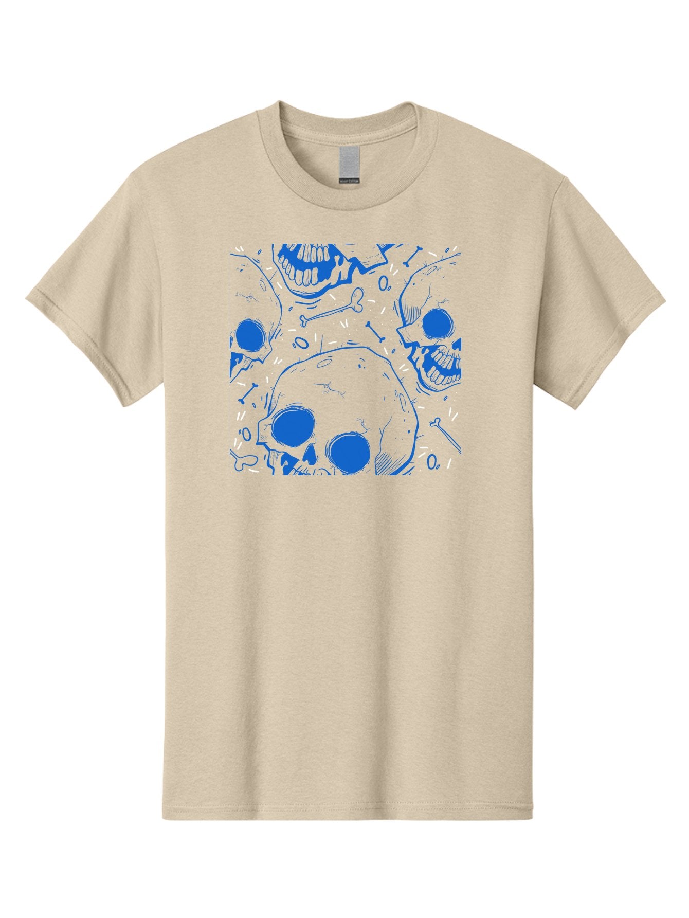 Skulls-And-Bones Men'S Graphic Tee, 100% Cotton, Comfortable Casual Summer Wear, Machine Washable, Skulls, Bones, Seamless Pattern, Gothic Design, Grunge Style, Tattoo Art, Yellow And Blue Hues, Graphic Print, Edgy Aesthetic, Skull Motif Aac421 5