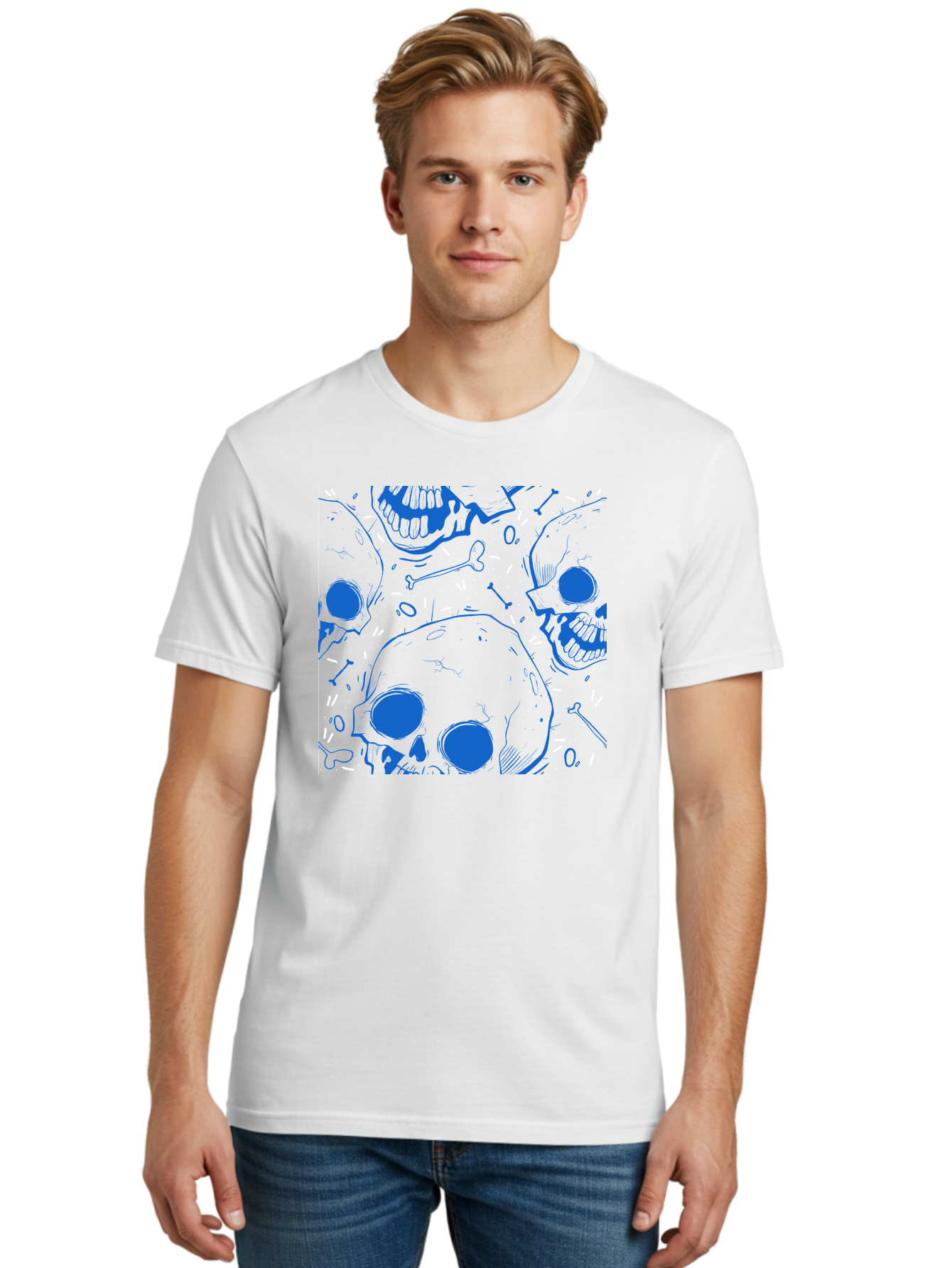 Skulls-And-Bones Men'S Graphic Tee, 100% Cotton, Comfortable Casual Summer Wear, Machine Washable, Skulls, Bones, Seamless Pattern, Gothic Design, Grunge Style, Tattoo Art, Yellow And Blue Hues, Graphic Print, Edgy Aesthetic, Skull Motif Aac421 24