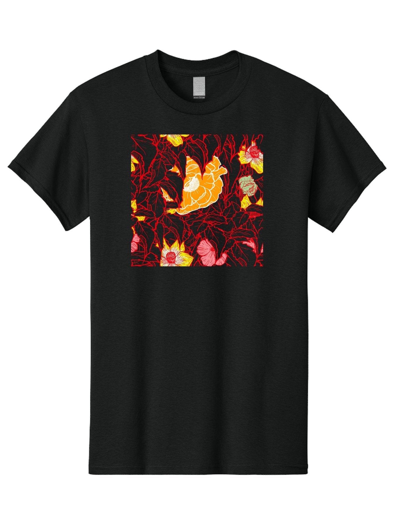 Tangerine-Floral-Pattern Men'S Graphic Tee, 100% Cotton, Comfortable Casual Summer Wear, Machine Washable, Tropical Flowers, Floral Pattern, Vibrant Colors, Orange Flowers, Yellow Flowers, Red Stems, Blue Leaves, Exotic Blooms, Aac424 8