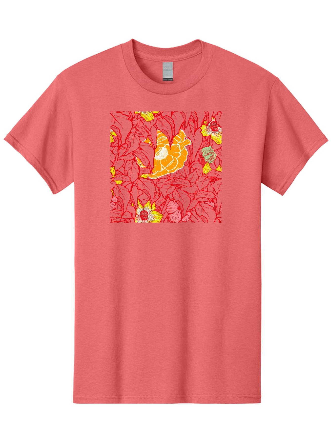 Tangerine-Floral-Pattern Men'S Graphic Tee, 100% Cotton, Comfortable Casual Summer Wear, Machine Washable, Tropical Flowers, Floral Pattern, Vibrant Colors, Orange Flowers, Yellow Flowers, Red Stems, Blue Leaves, Exotic Blooms, Aac424 4