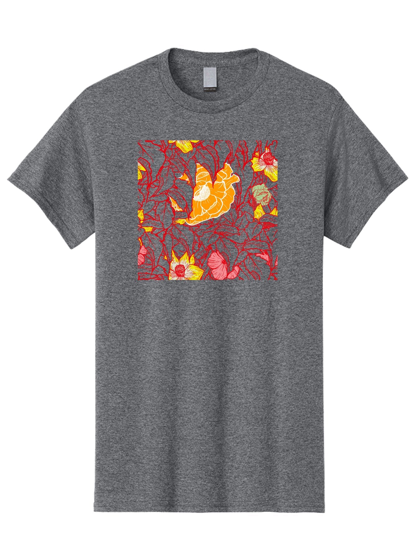 Tangerine-Floral-Pattern Men'S Graphic Tee, 100% Cotton, Comfortable Casual Summer Wear, Machine Washable, Tropical Flowers, Floral Pattern, Vibrant Colors, Orange Flowers, Yellow Flowers, Red Stems, Blue Leaves, Exotic Blooms, Aac424