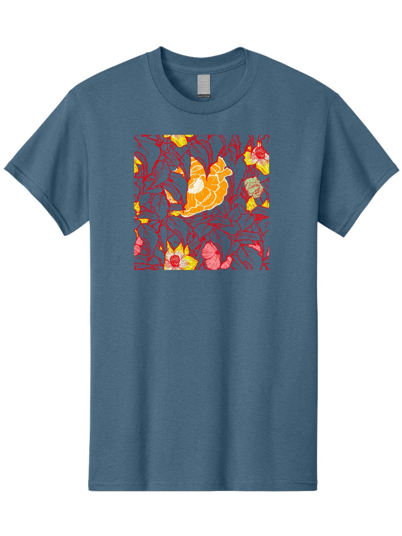 Tangerine-Floral-Pattern Men'S Graphic Tee, 100% Cotton, Comfortable Casual Summer Wear, Machine Washable, Tropical Flowers, Floral Pattern, Vibrant Colors, Orange Flowers, Yellow Flowers, Red Stems, Blue Leaves, Exotic Blooms, Aac424 13