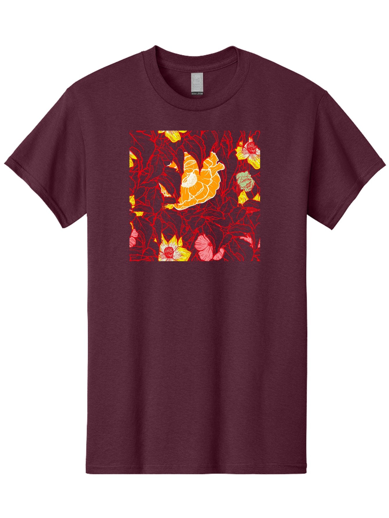 Tangerine-Floral-Pattern Men'S Graphic Tee, 100% Cotton, Comfortable Casual Summer Wear, Machine Washable, Tropical Flowers, Floral Pattern, Vibrant Colors, Orange Flowers, Yellow Flowers, Red Stems, Blue Leaves, Exotic Blooms, Aac424