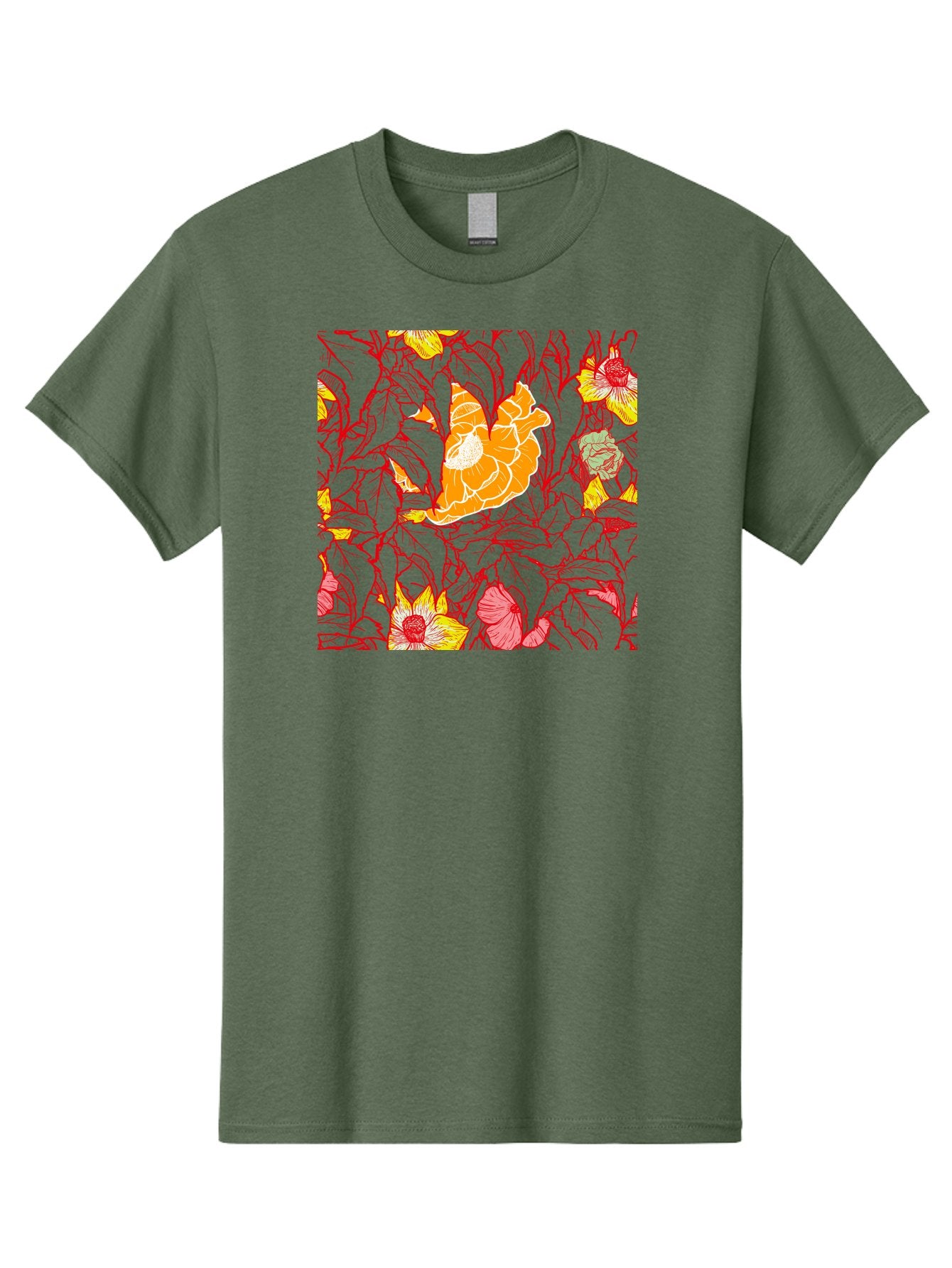 Tangerine-Floral-Pattern Men'S Graphic Tee, 100% Cotton, Comfortable Casual Summer Wear, Machine Washable, Tropical Flowers, Floral Pattern, Vibrant Colors, Orange Flowers, Yellow Flowers, Red Stems, Blue Leaves, Exotic Blooms, Aac424 14