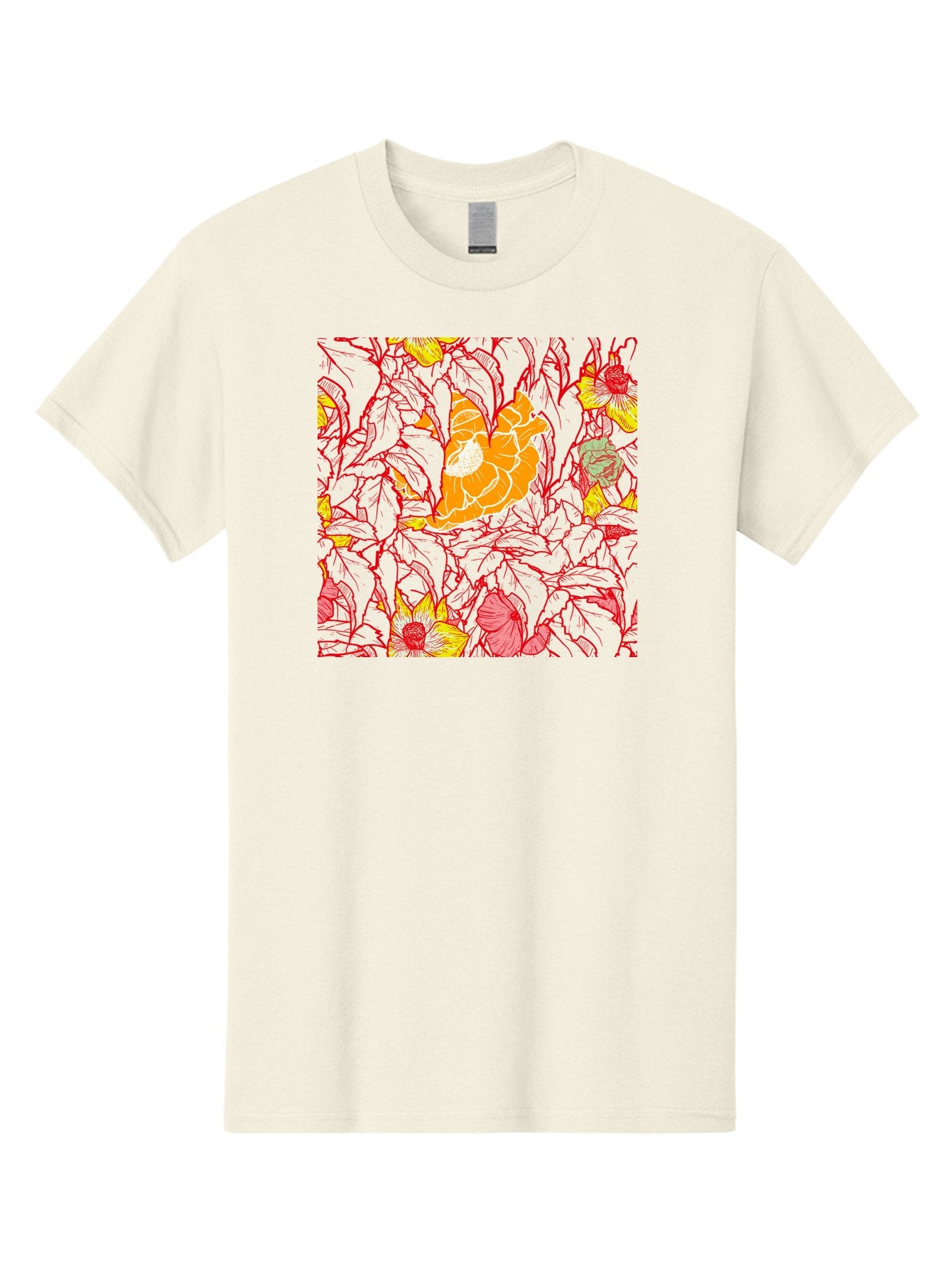 Tangerine-Floral-Pattern Men'S Graphic Tee, 100% Cotton, Comfortable Casual Summer Wear, Machine Washable, Tropical Flowers, Floral Pattern, Vibrant Colors, Orange Flowers, Yellow Flowers, Red Stems, Blue Leaves, Exotic Blooms, Aac424 10