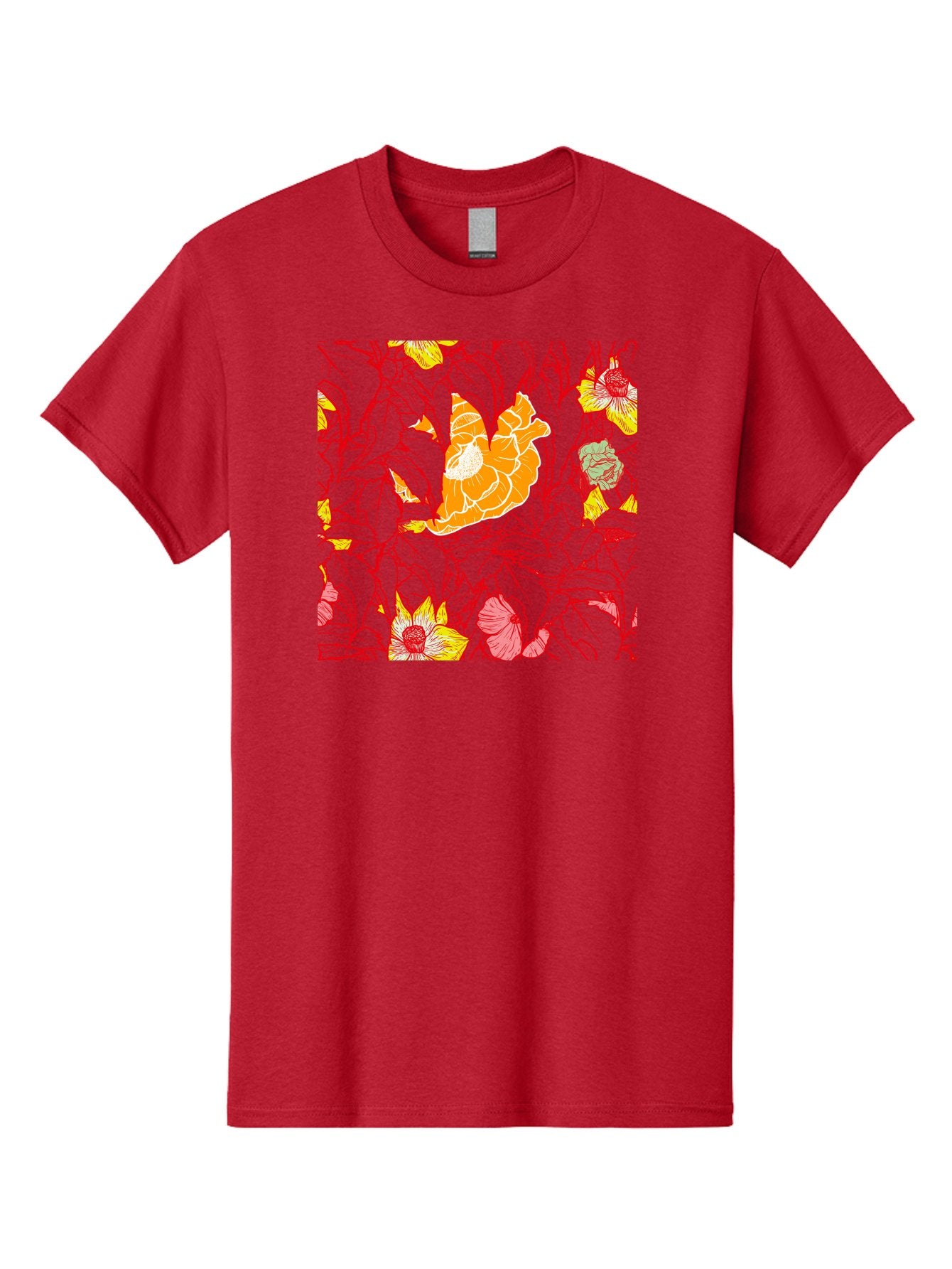 Tangerine-Floral-Pattern Men'S Graphic Tee, 100% Cotton, Comfortable Casual Summer Wear, Machine Washable, Tropical Flowers, Floral Pattern, Vibrant Colors, Orange Flowers, Yellow Flowers, Red Stems, Blue Leaves, Exotic Blooms, Aac424 3