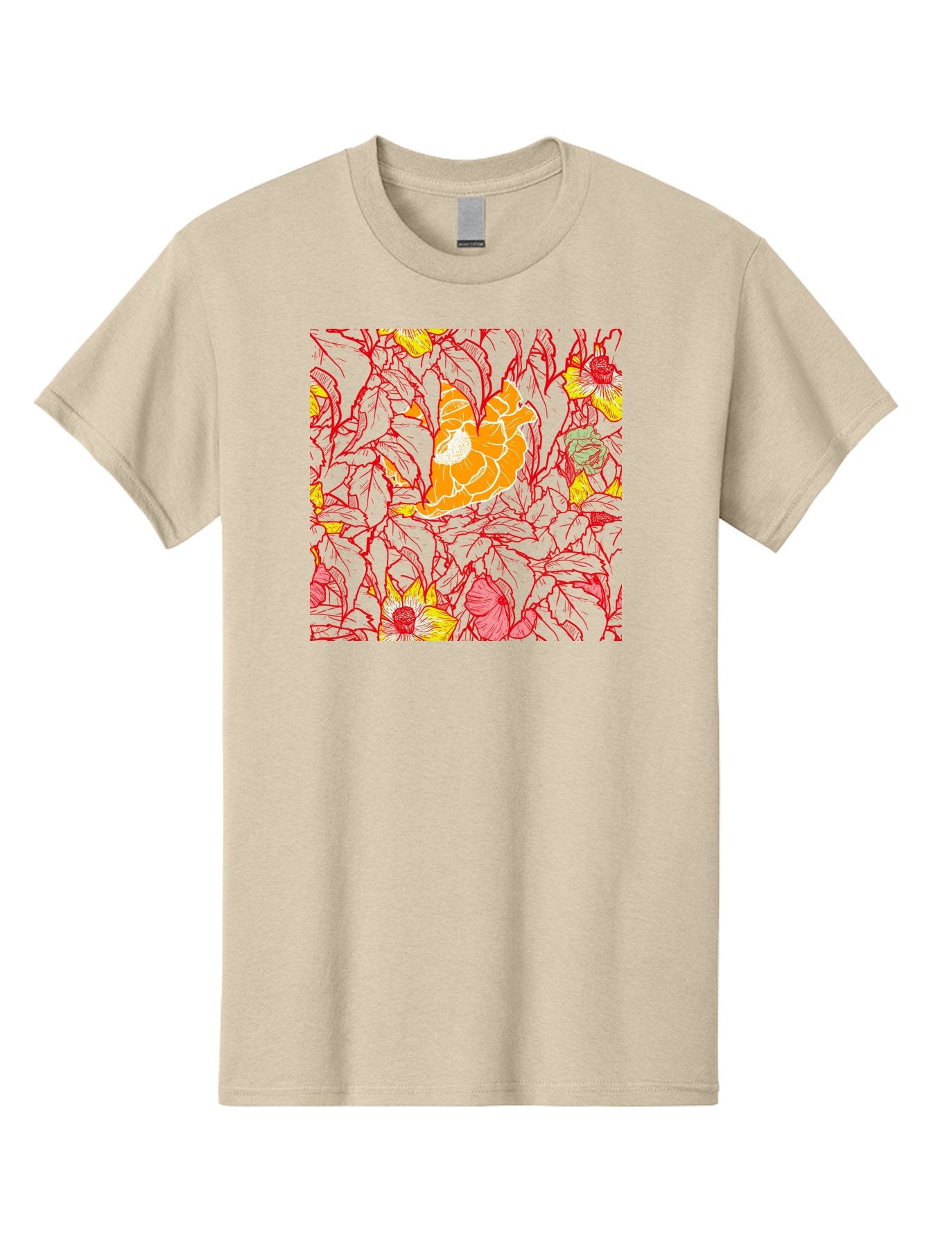 Tangerine-Floral-Pattern Men'S Graphic Tee, 100% Cotton, Comfortable Casual Summer Wear, Machine Washable, Tropical Flowers, Floral Pattern, Vibrant Colors, Orange Flowers, Yellow Flowers, Red Stems, Blue Leaves, Exotic Blooms, Aac424 11