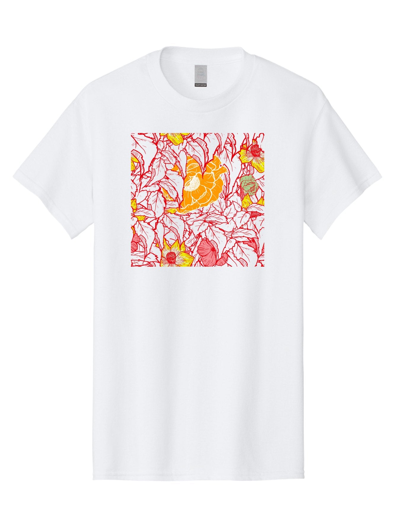 Tangerine-Floral-Pattern Men'S Graphic Tee, 100% Cotton, Comfortable Casual Summer Wear, Machine Washable, Tropical Flowers, Floral Pattern, Vibrant Colors, Orange Flowers, Yellow Flowers, Red Stems, Blue Leaves, Exotic Blooms, Aac424 12