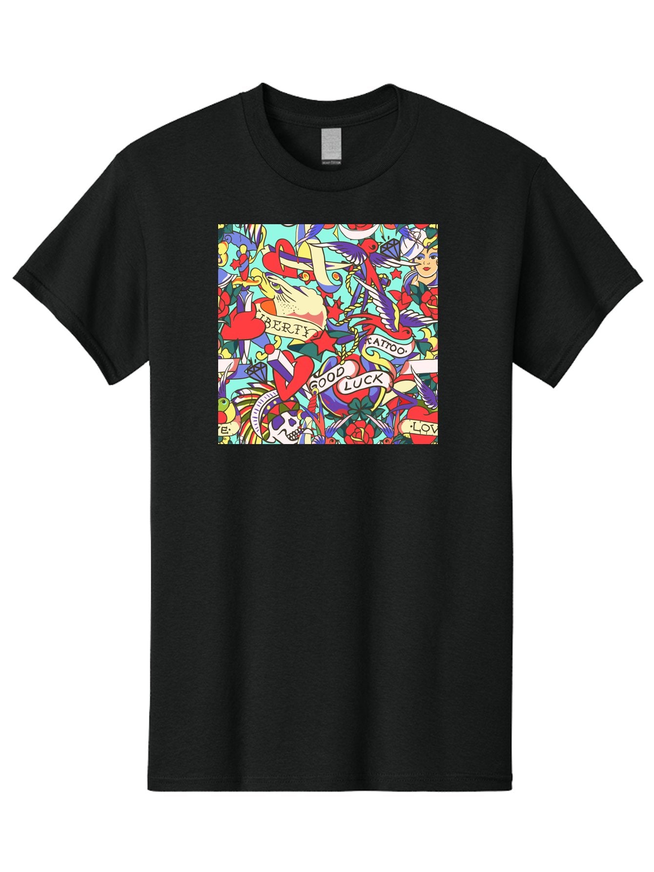 Tattoo-Pattern Men'S Graphic Tee, 100% Cotton, Comfortable Casual Summer Wear, Machine Washable, Vintage Tattoo Designs, Colorful Illustrations, Nautical Symbols, Love Hearts, Doves, Lady Heads, Roses, Skulls, Stars, Feathers, Banners, Aac425 4