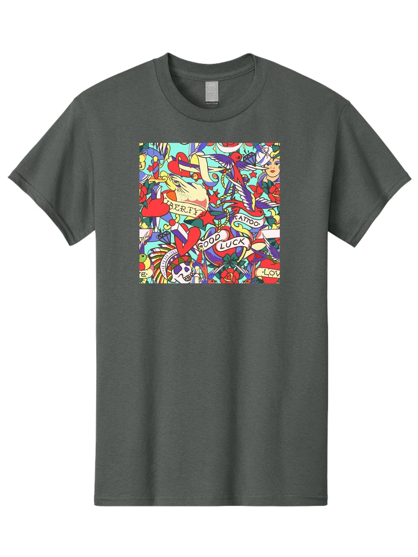 Tattoo-Pattern Men'S Graphic Tee, 100% Cotton, Comfortable Casual Summer Wear, Machine Washable, Vintage Tattoo Designs, Colorful Illustrations, Nautical Symbols, Love Hearts, Doves, Lady Heads, Roses, Skulls, Stars, Feathers, Banners, Aac425 5