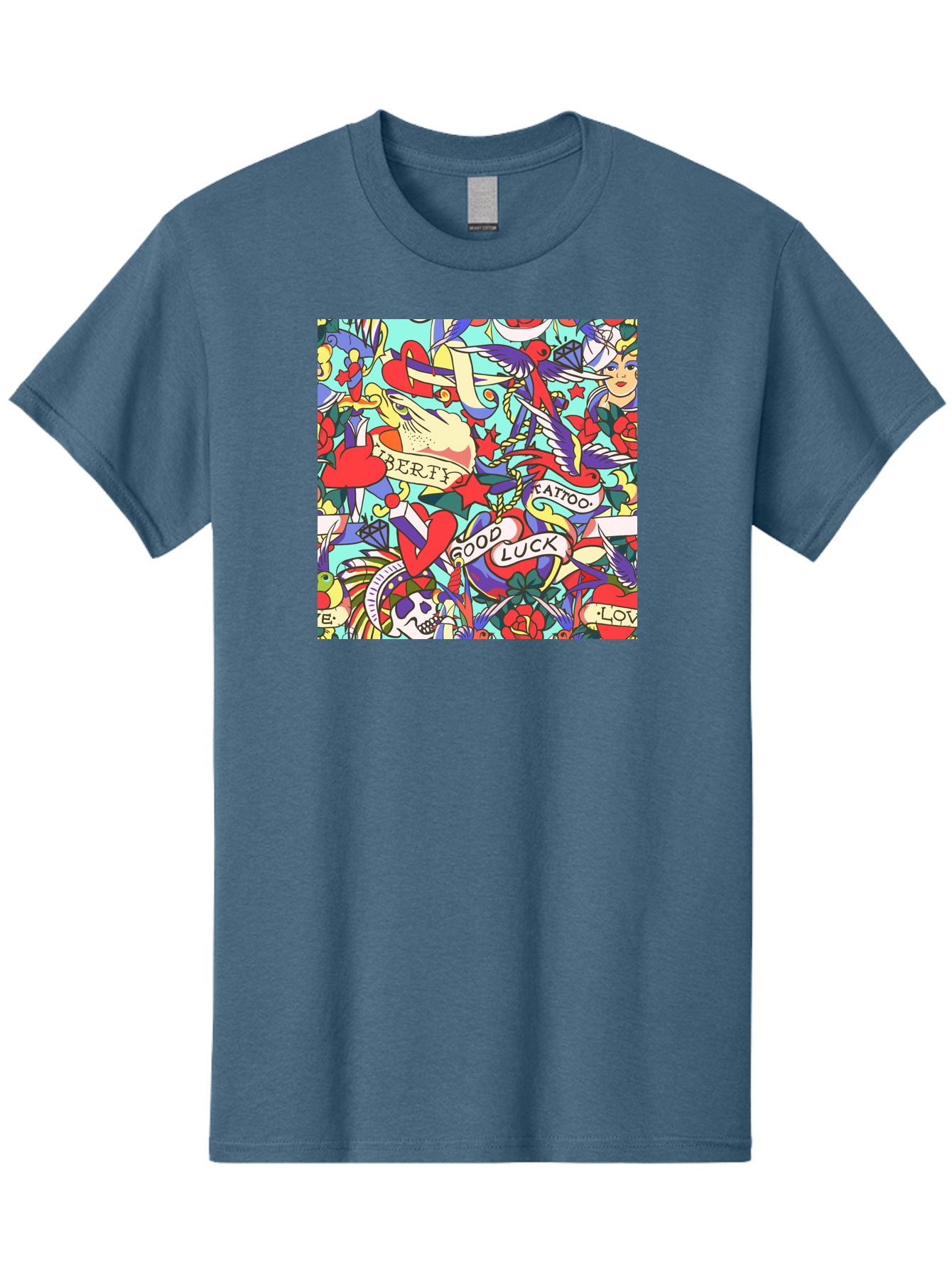 Tattoo-Pattern Men'S Graphic Tee, 100% Cotton, Comfortable Casual Summer Wear, Machine Washable, Vintage Tattoo Designs, Colorful Illustrations, Nautical Symbols, Love Hearts, Doves, Lady Heads, Roses, Skulls, Stars, Feathers, Banners, Aac425 17