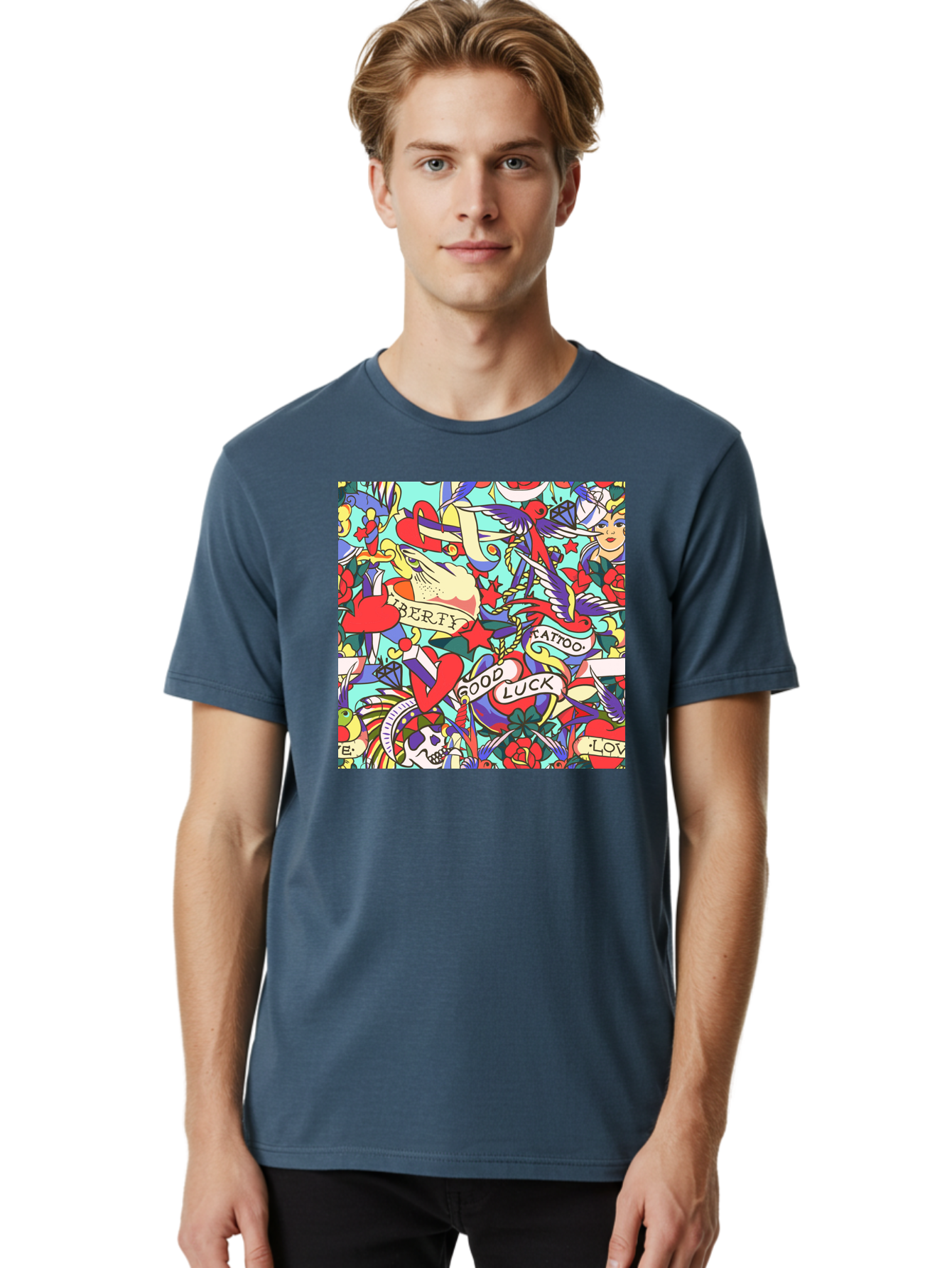 Tattoo-Pattern Men'S Graphic Tee, 100% Cotton, Comfortable Casual Summer Wear, Machine Washable, Vintage Tattoo Designs, Colorful Illustrations, Nautical Symbols, Love Hearts, Doves, Lady Heads, Roses, Skulls, Stars, Feathers, Banners, Aac425 18