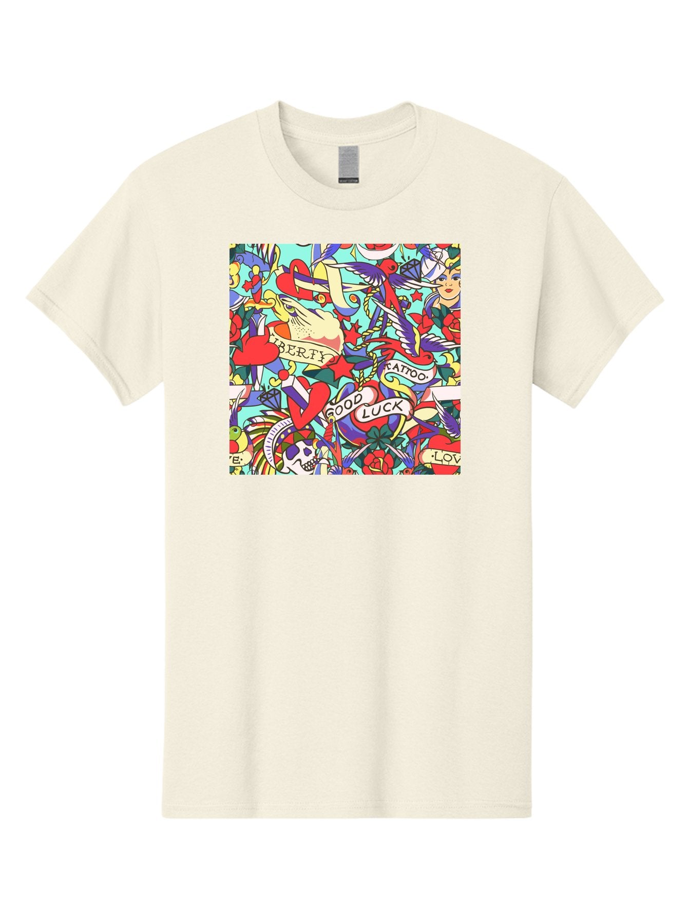 Tattoo-Pattern Men'S Graphic Tee, 100% Cotton, Comfortable Casual Summer Wear, Machine Washable, Vintage Tattoo Designs, Colorful Illustrations, Nautical Symbols, Love Hearts, Doves, Lady Heads, Roses, Skulls, Stars, Feathers, Banners, Aac425 8