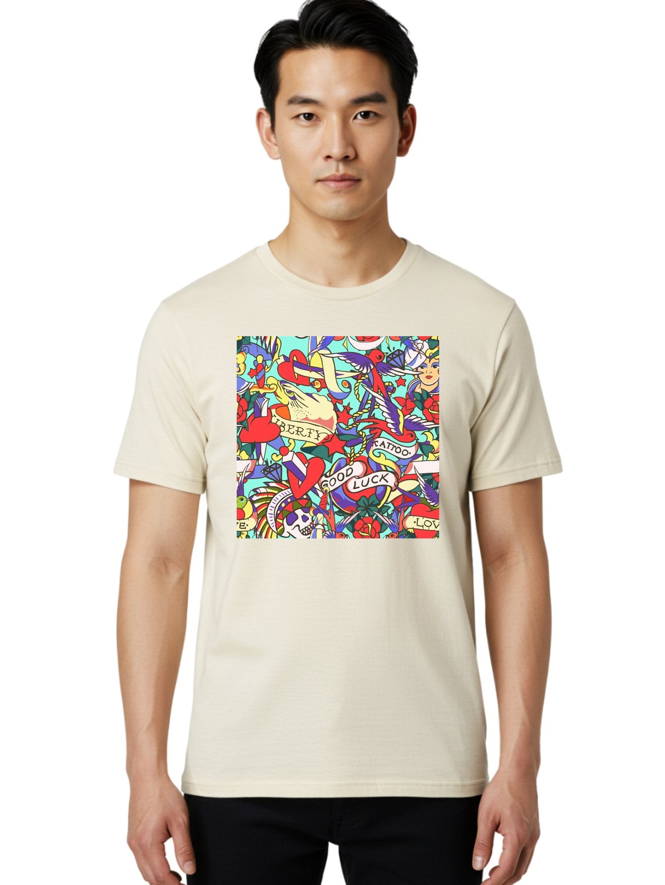 Tattoo-Pattern Men'S Graphic Tee, 100% Cotton, Comfortable Casual Summer Wear, Machine Washable, Vintage Tattoo Designs, Colorful Illustrations, Nautical Symbols, Love Hearts, Doves, Lady Heads, Roses, Skulls, Stars, Feathers, Banners, Aac425 25