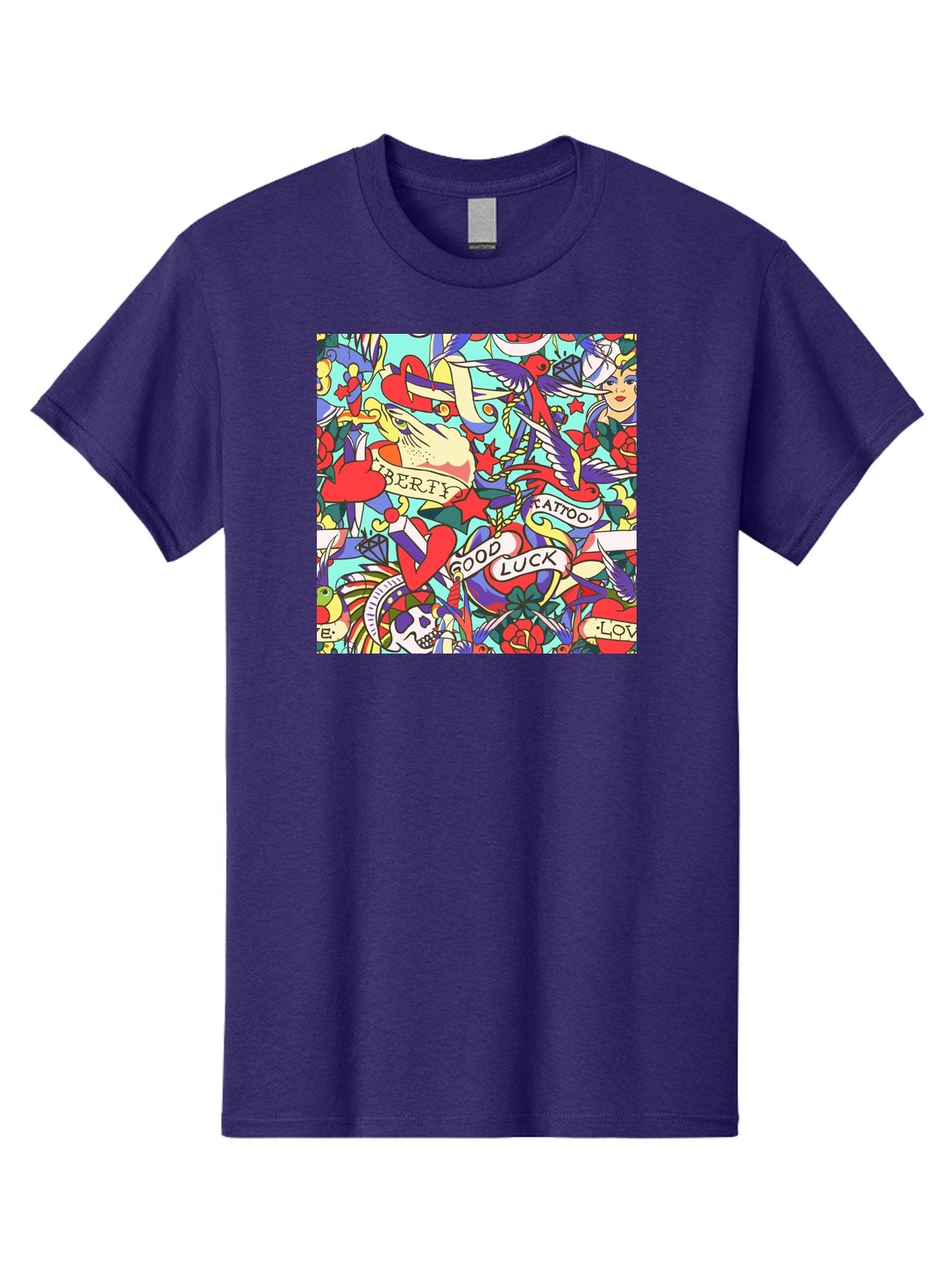 Tattoo-Pattern Men'S Graphic Tee, 100% Cotton, Comfortable Casual Summer Wear, Machine Washable, Vintage Tattoo Designs, Colorful Illustrations, Nautical Symbols, Love Hearts, Doves, Lady Heads, Roses, Skulls, Stars, Feathers, Banners, Aac425 7