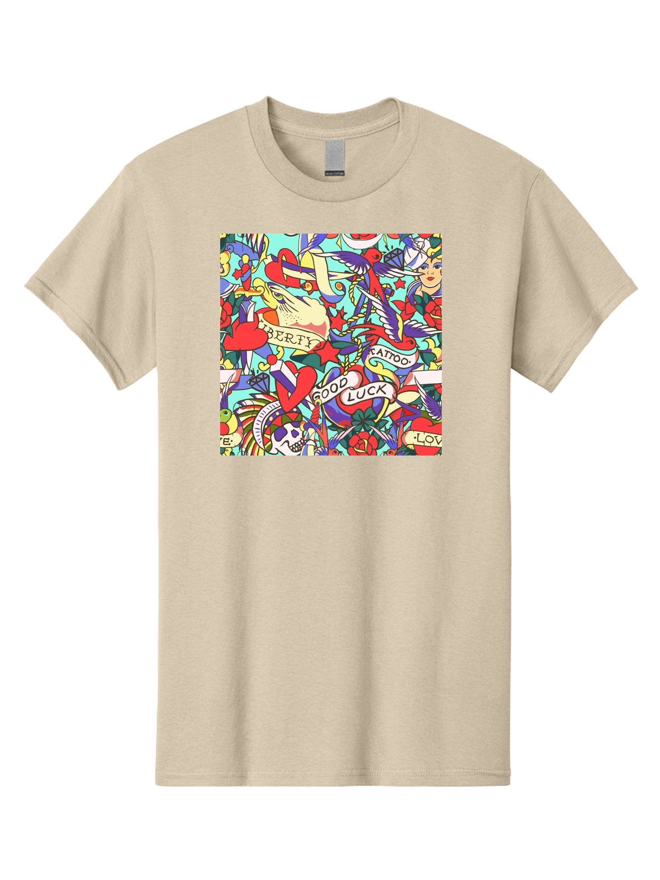 Tattoo-Pattern Men'S Graphic Tee, 100% Cotton, Comfortable Casual Summer Wear, Machine Washable, Vintage Tattoo Designs, Colorful Illustrations, Nautical Symbols, Love Hearts, Doves, Lady Heads, Roses, Skulls, Stars, Feathers, Banners, Aac425