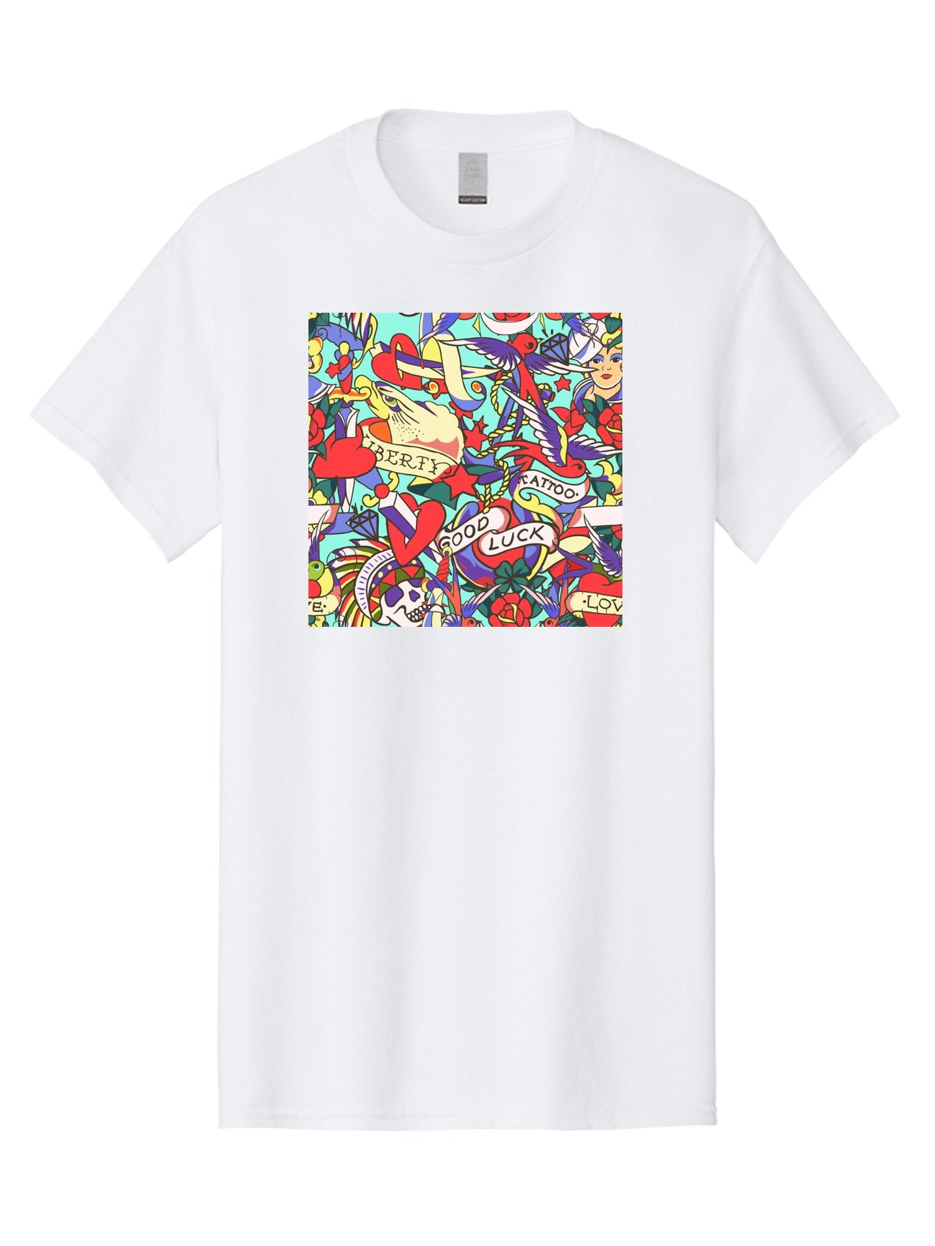 Tattoo-Pattern Men'S Graphic Tee, 100% Cotton, Comfortable Casual Summer Wear, Machine Washable, Vintage Tattoo Designs, Colorful Illustrations, Nautical Symbols, Love Hearts, Doves, Lady Heads, Roses, Skulls, Stars, Feathers, Banners, Aac425 15