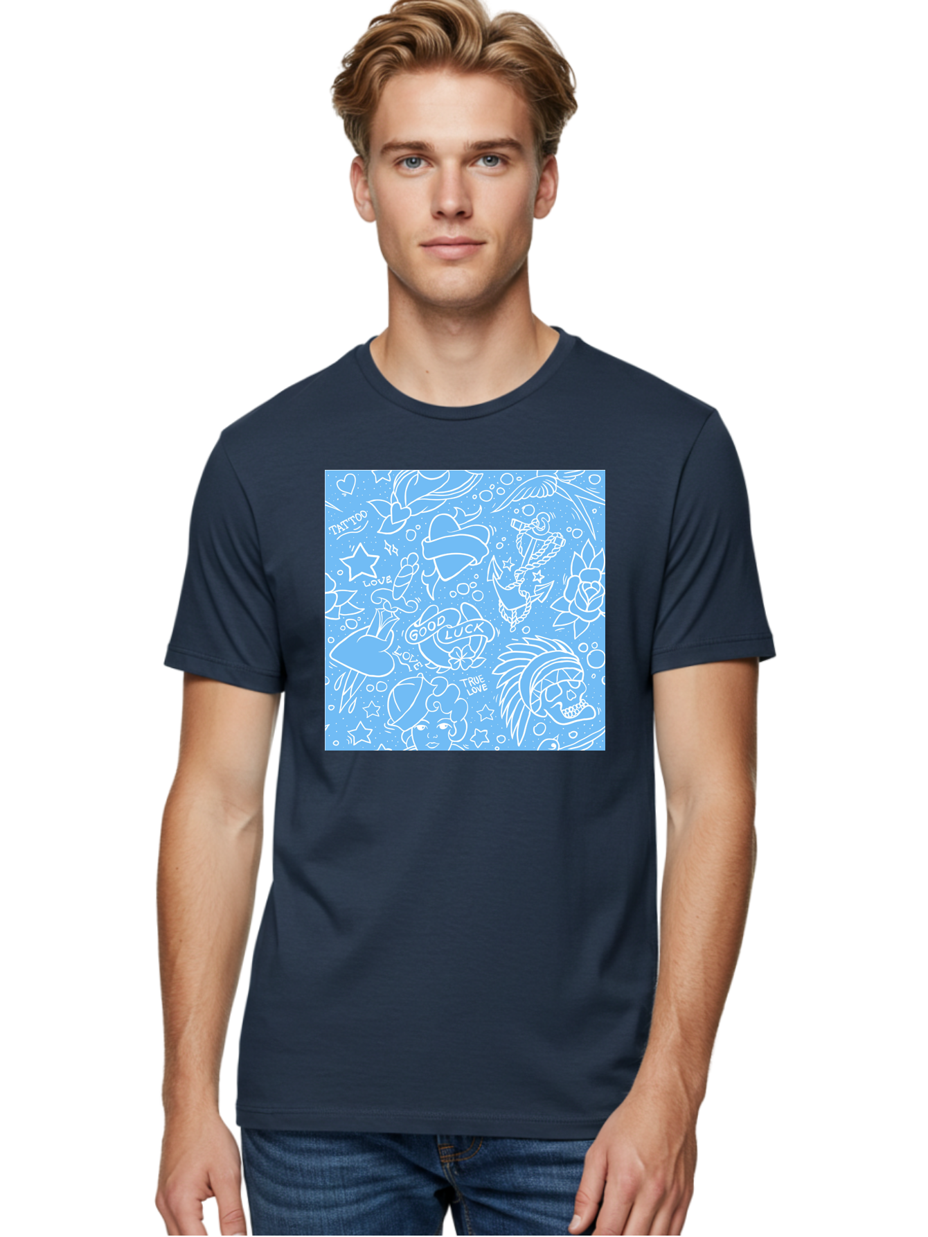 Tattoo Men'S Graphic Tee, 100% Cotton, Comfortable Casual Summer Wear, Machine Washable, Tattoo Designs, Skull Illustrations, Floral Motifs, Star Patterns, Banner Graphics, Ribbon Elements, Whimsical Doodles, Symbolic Imagery, Body Art Aac426 20