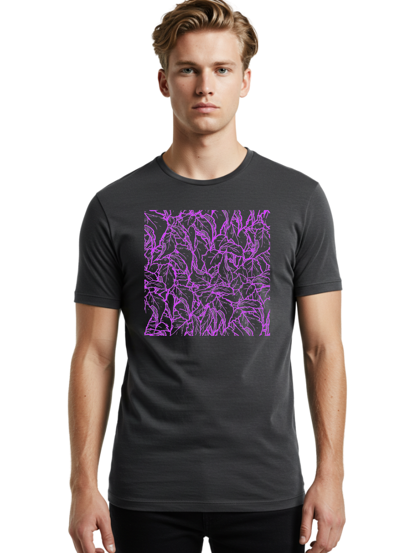 Tropical-Foliage Men'S Graphic Tee, 100% Cotton, Comfortable Casual Summer Wear, Machine Washable, Tropical Leaves, Leaf Pattern, Neon Pink, Cyan Background, Abstract Design, Botanical Art, Vibrant Colors, Summer Feel, Exotic Plants, Aac427