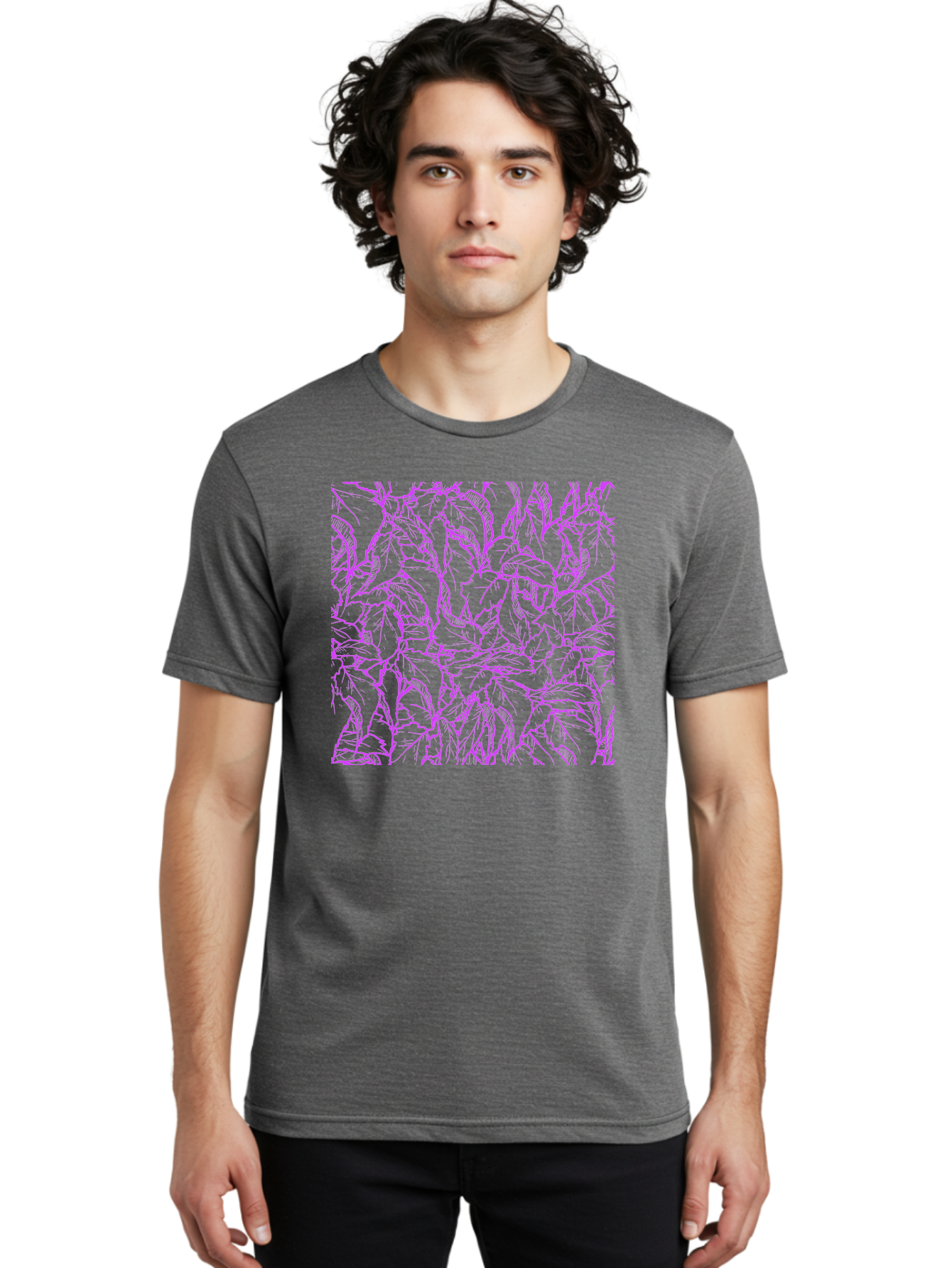 Tropical-Foliage Men'S Graphic Tee, 100% Cotton, Comfortable Casual Summer Wear, Machine Washable, Tropical Leaves, Leaf Pattern, Neon Pink, Cyan Background, Abstract Design, Botanical Art, Vibrant Colors, Summer Feel, Exotic Plants, Aac427 18