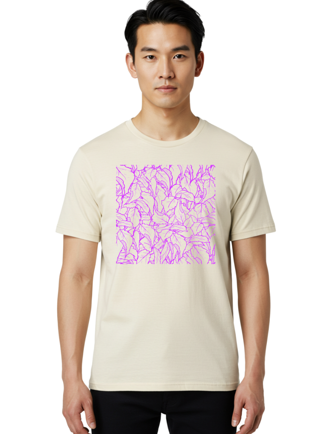 Tropical-Foliage Men'S Graphic Tee, 100% Cotton, Comfortable Casual Summer Wear, Machine Washable, Tropical Leaves, Leaf Pattern, Neon Pink, Cyan Background, Abstract Design, Botanical Art, Vibrant Colors, Summer Feel, Exotic Plants, Aac427 26