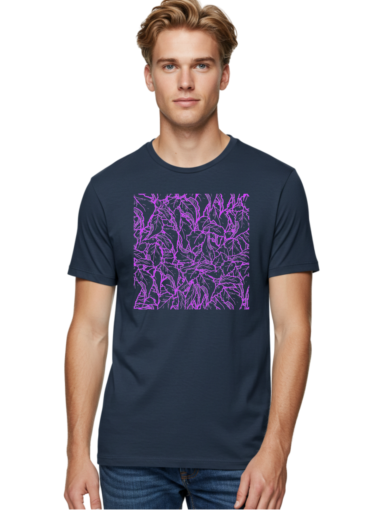 Tropical-Foliage Men'S Graphic Tee, 100% Cotton, Comfortable Casual Summer Wear, Machine Washable, Tropical Leaves, Leaf Pattern, Neon Pink, Cyan Background, Abstract Design, Botanical Art, Vibrant Colors, Summer Feel, Exotic Plants, Aac427 30