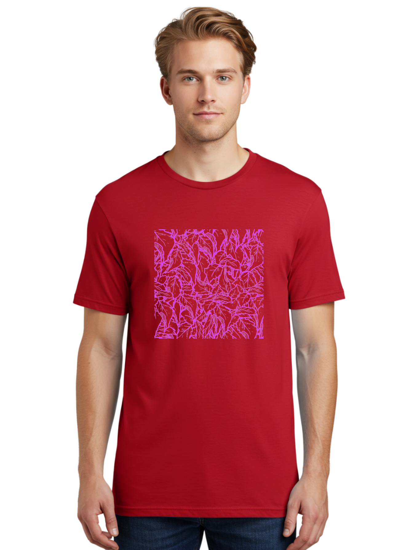 Tropical-Foliage Men'S Graphic Tee, 100% Cotton, Comfortable Casual Summer Wear, Machine Washable, Tropical Leaves, Leaf Pattern, Neon Pink, Cyan Background, Abstract Design, Botanical Art, Vibrant Colors, Summer Feel, Exotic Plants, Aac427 12