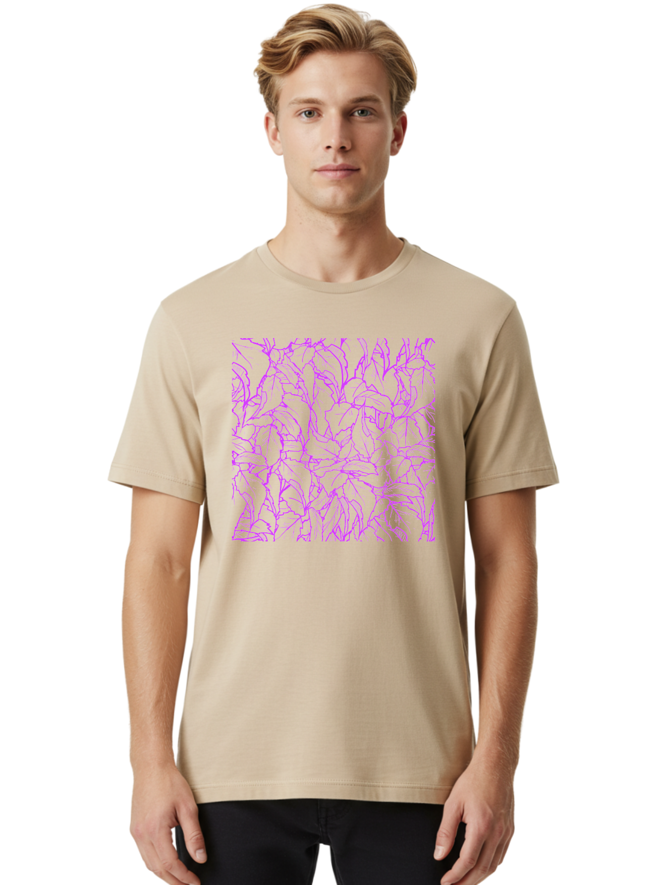 Tropical-Foliage Men'S Graphic Tee, 100% Cotton, Comfortable Casual Summer Wear, Machine Washable, Tropical Leaves, Leaf Pattern, Neon Pink, Cyan Background, Abstract Design, Botanical Art, Vibrant Colors, Summer Feel, Exotic Plants, Aac427 24