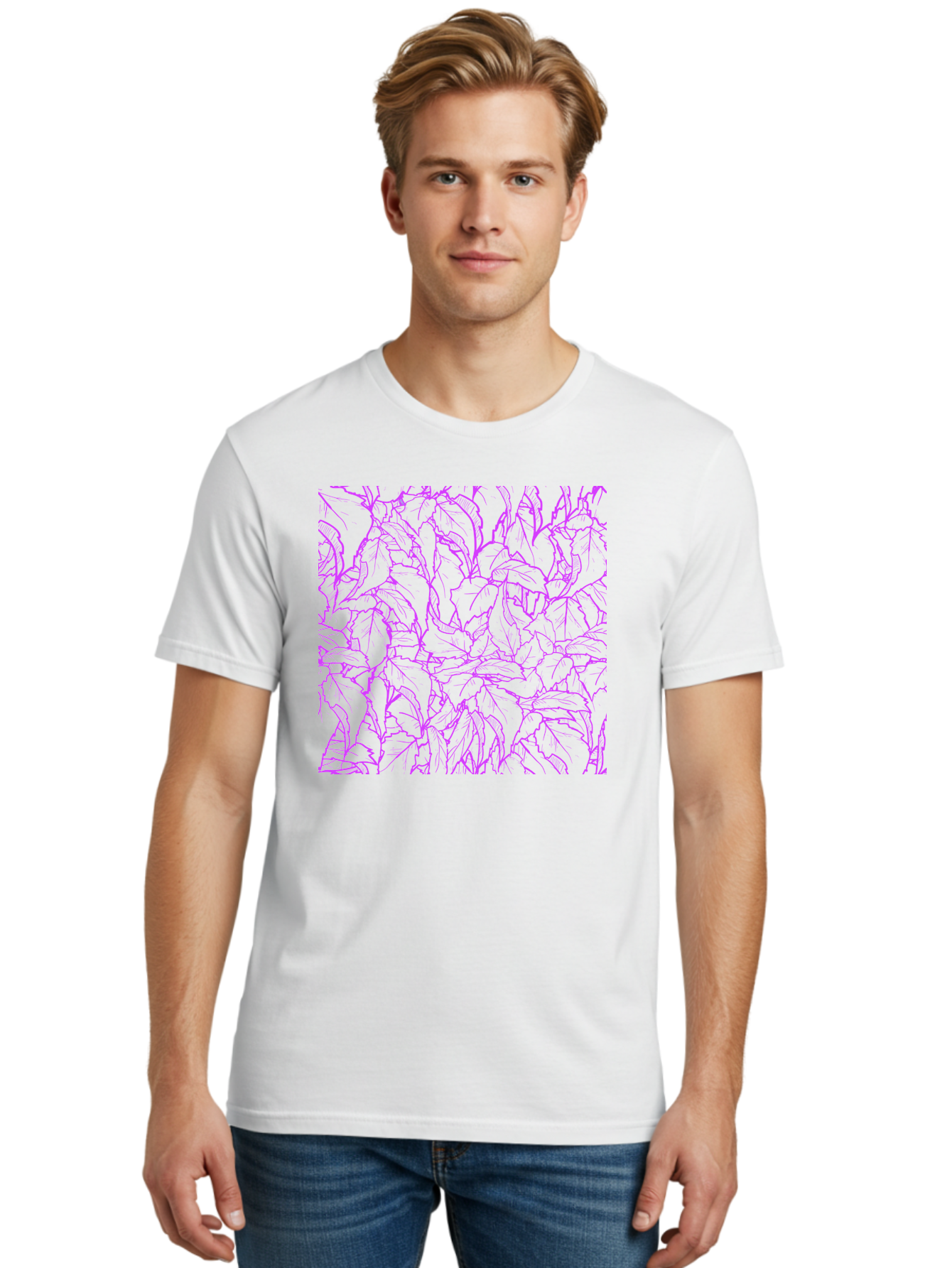 Tropical-Foliage Men'S Graphic Tee, 100% Cotton, Comfortable Casual Summer Wear, Machine Washable, Tropical Leaves, Leaf Pattern, Neon Pink, Cyan Background, Abstract Design, Botanical Art, Vibrant Colors, Summer Feel, Exotic Plants, Aac427 22