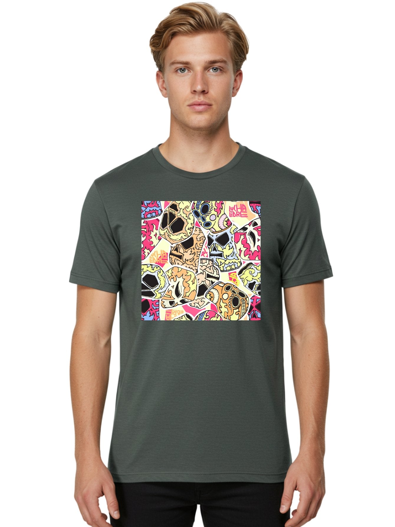 Wha-Libre Men'S Graphic Tee, 100% Cotton, Comfortable Casual Summer Wear, Machine Washable, Colorful Skulls, Sugar Skulls, Day Of The Dead, Vibrant Art, Wha Libre, Tattoo-Inspired Design, Street Art Style, Graphic Illustration, Ornate Details, Aac428 19