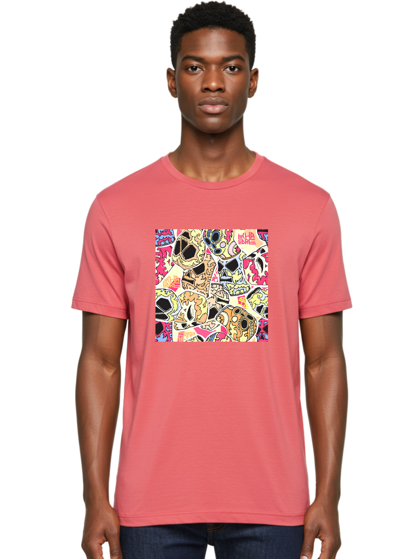 Wha-Libre Men'S Graphic Tee, 100% Cotton, Comfortable Casual Summer Wear, Machine Washable, Colorful Skulls, Sugar Skulls, Day Of The Dead, Vibrant Art, Wha Libre, Tattoo-Inspired Design, Street Art Style, Graphic Illustration, Ornate Details, Aac428 30