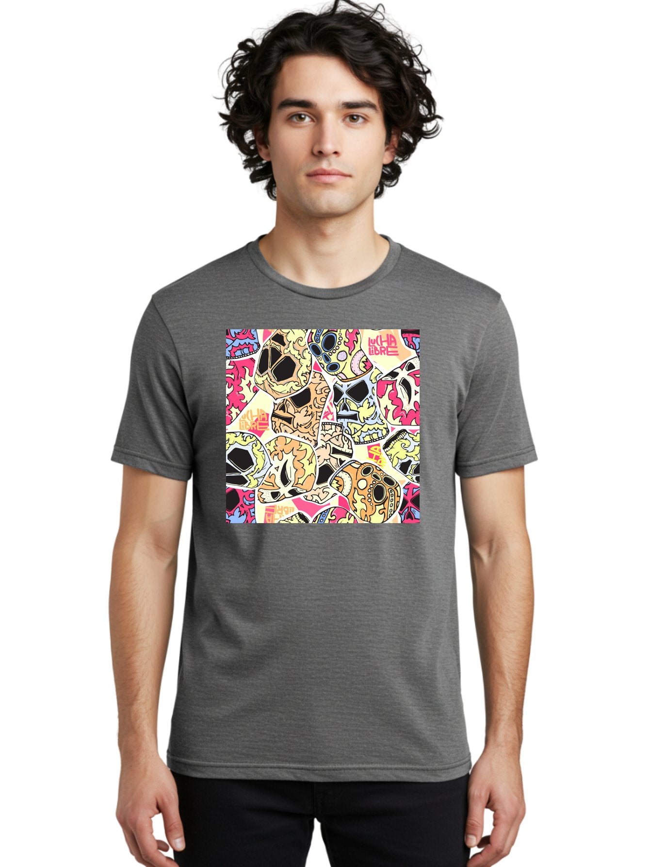 Wha-Libre Men'S Graphic Tee, 100% Cotton, Comfortable Casual Summer Wear, Machine Washable, Colorful Skulls, Sugar Skulls, Day Of The Dead, Vibrant Art, Wha Libre, Tattoo-Inspired Design, Street Art Style, Graphic Illustration, Ornate Details, Aac428 23