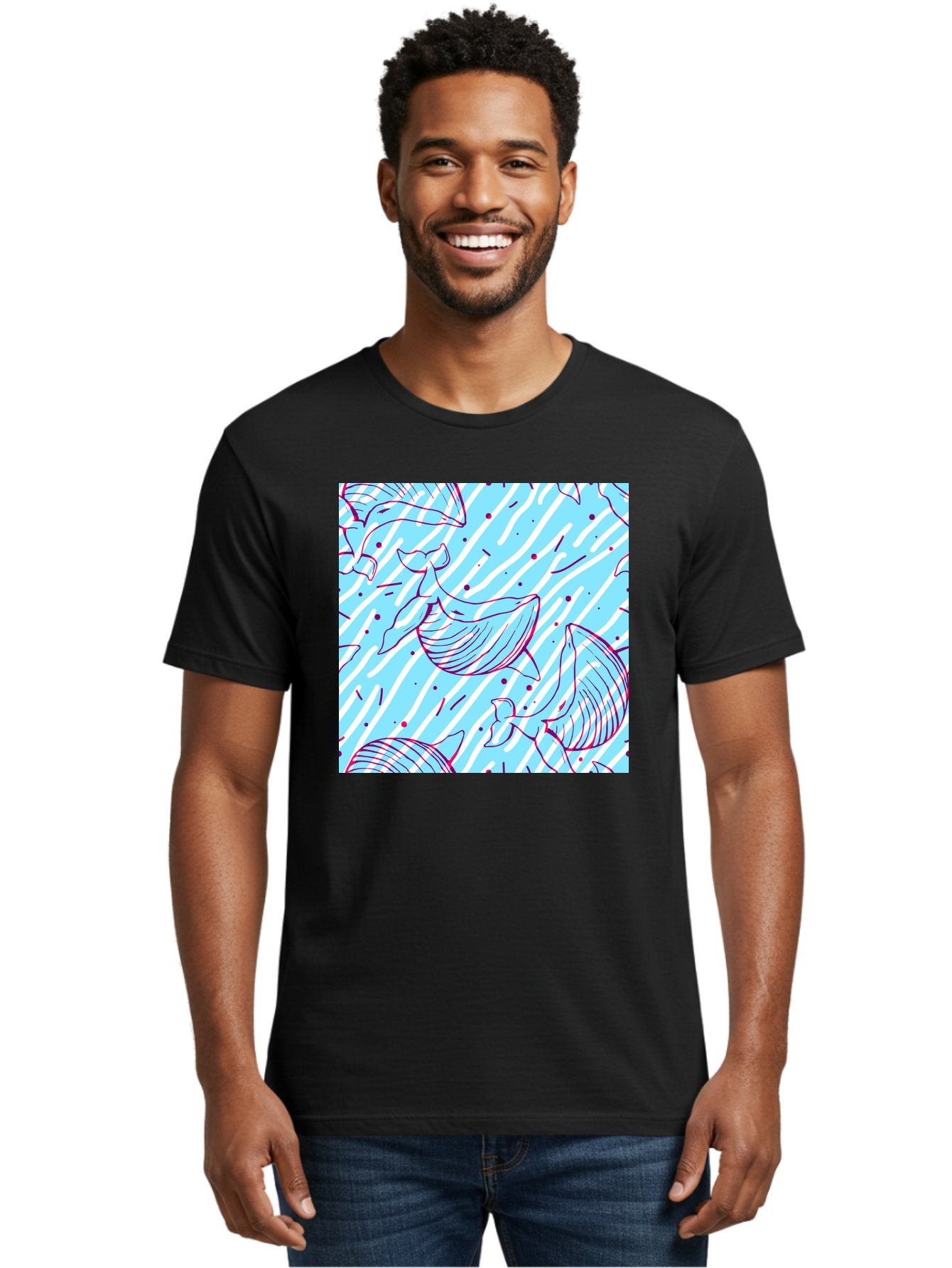 Whales-Pattern Men'S Graphic Tee, 100% Cotton, Comfortable Casual Summer Wear, Machine Washable, Whales, Abstract Pattern, Ocean Animals, Marine Life, Whimsical Design, Wavy Lines, Pink And Blue Hues, Dynamic Graphics, Playful Artwork, Aac429 25