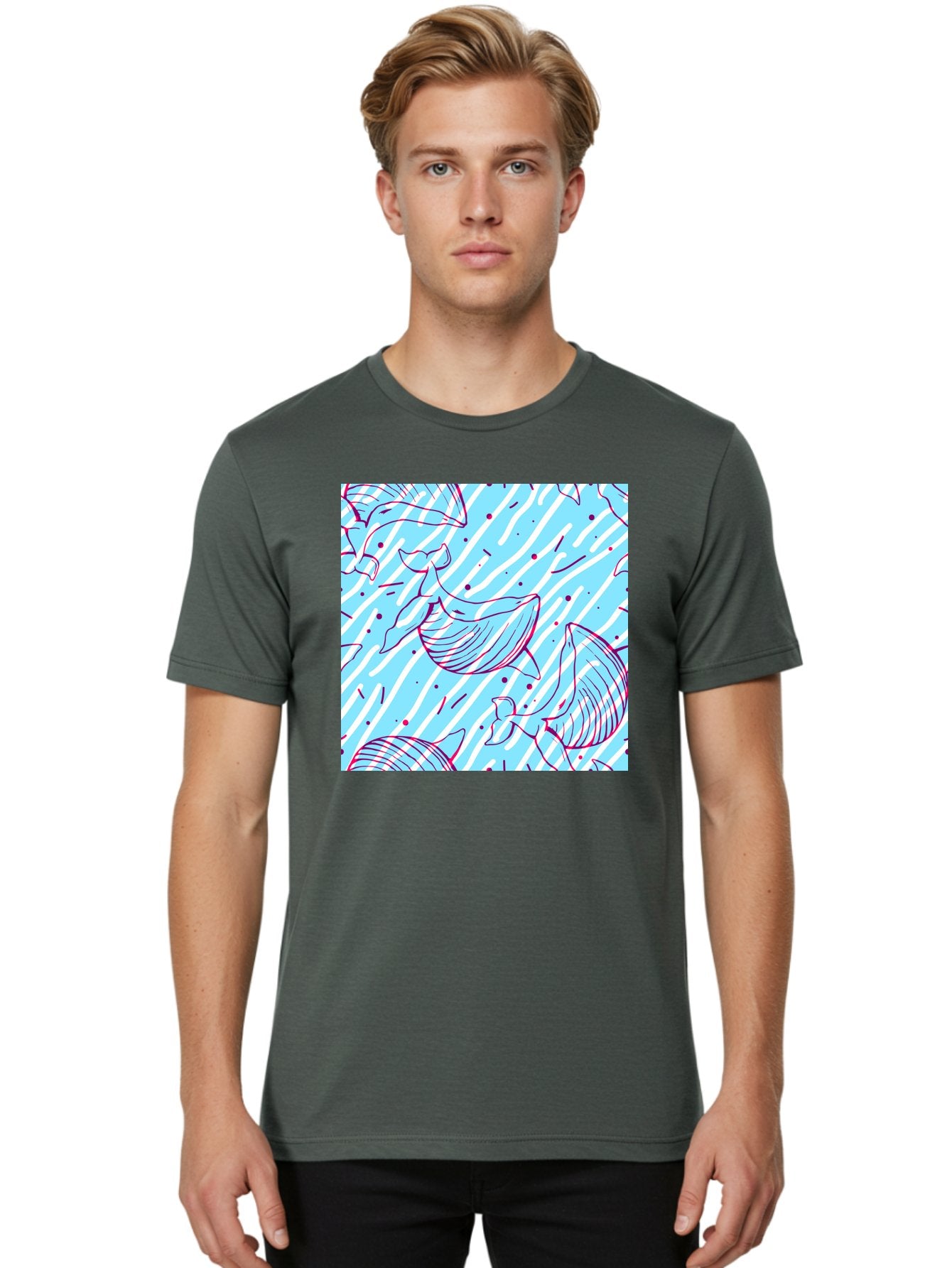 Whales-Pattern Men'S Graphic Tee, 100% Cotton, Comfortable Casual Summer Wear, Machine Washable, Whales, Abstract Pattern, Ocean Animals, Marine Life, Whimsical Design, Wavy Lines, Pink And Blue Hues, Dynamic Graphics, Playful Artwork, Aac429 29