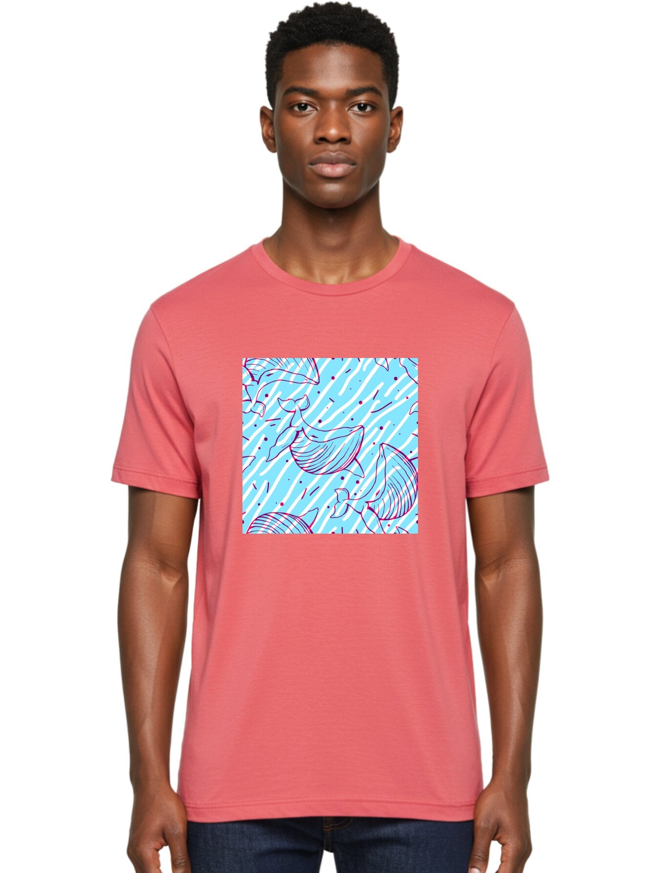 Whales-Pattern Men'S Graphic Tee, 100% Cotton, Comfortable Casual Summer Wear, Machine Washable, Whales, Abstract Pattern, Ocean Animals, Marine Life, Whimsical Design, Wavy Lines, Pink And Blue Hues, Dynamic Graphics, Playful Artwork, Aac429 24