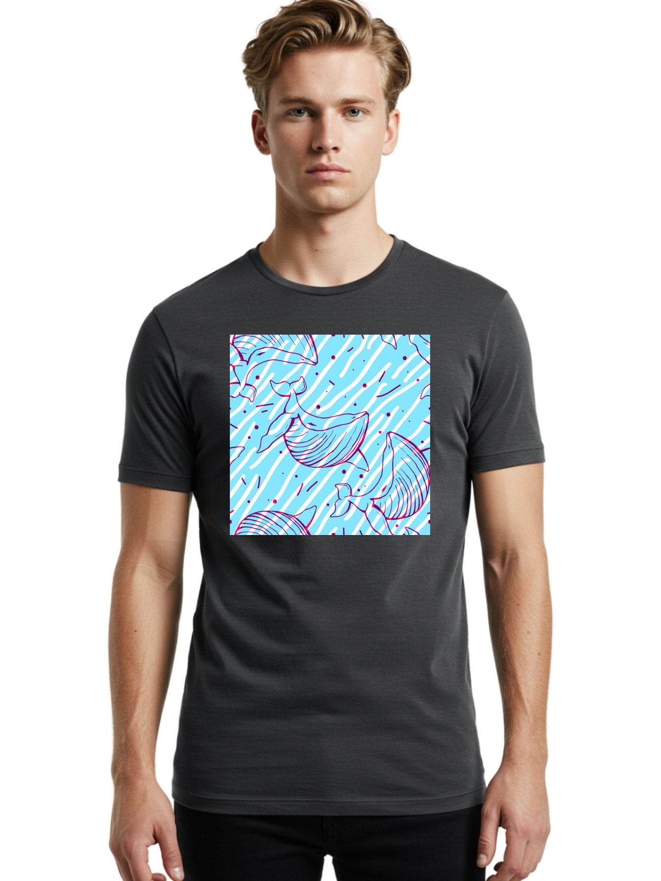 Whales-Pattern Men'S Graphic Tee, 100% Cotton, Comfortable Casual Summer Wear, Machine Washable, Whales, Abstract Pattern, Ocean Animals, Marine Life, Whimsical Design, Wavy Lines, Pink And Blue Hues, Dynamic Graphics, Playful Artwork, Aac429 22