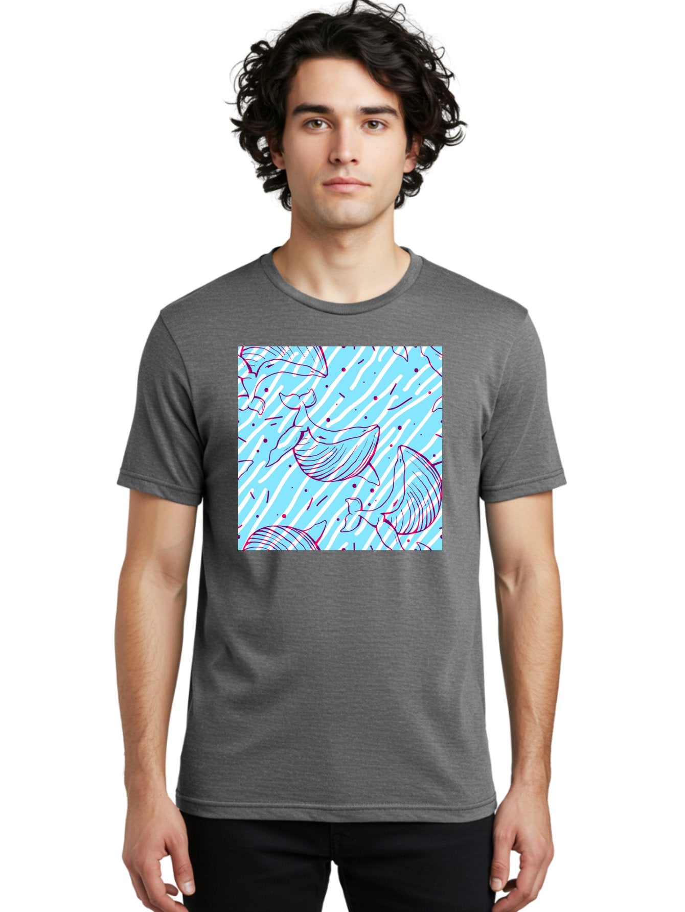 Whales-Pattern Men'S Graphic Tee, 100% Cotton, Comfortable Casual Summer Wear, Machine Washable, Whales, Abstract Pattern, Ocean Animals, Marine Life, Whimsical Design, Wavy Lines, Pink And Blue Hues, Dynamic Graphics, Playful Artwork, Aac429 21