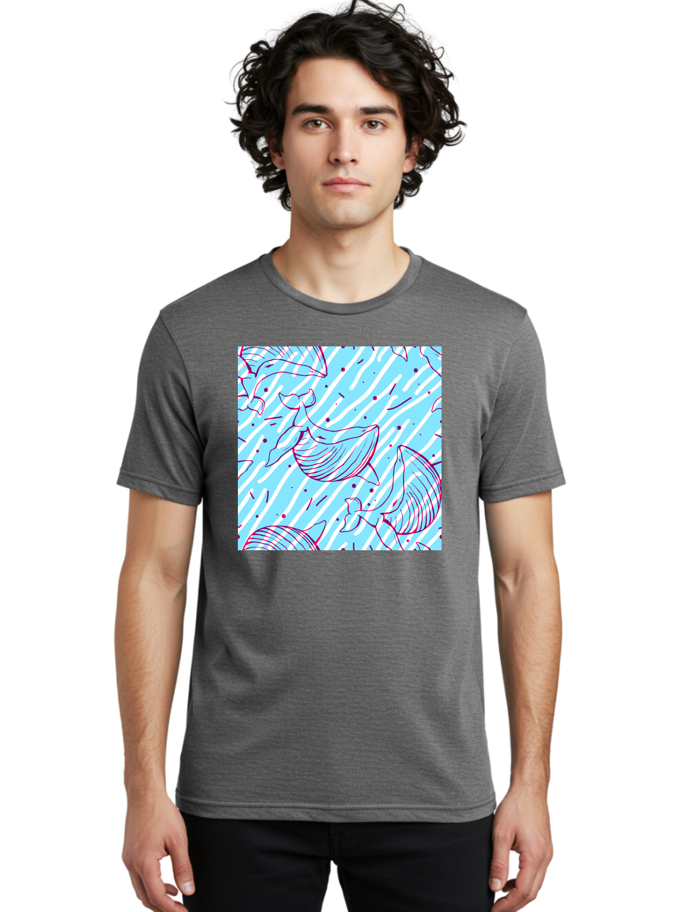 Whales-Pattern Men'S Graphic Tee, 100% Cotton, Comfortable Casual Summer Wear, Machine Washable, Whales, Abstract Pattern, Ocean Animals, Marine Life, Whimsical Design, Wavy Lines, Pink And Blue Hues, Dynamic Graphics, Playful Artwork, Aac429 20