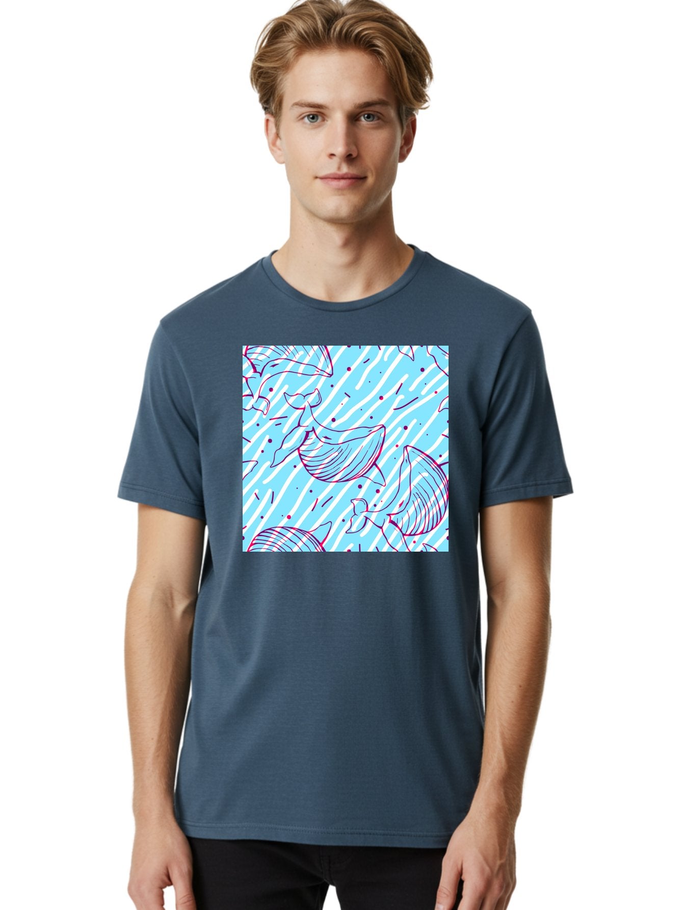 Whales-Pattern Men'S Graphic Tee, 100% Cotton, Comfortable Casual Summer Wear, Machine Washable, Whales, Abstract Pattern, Ocean Animals, Marine Life, Whimsical Design, Wavy Lines, Pink And Blue Hues, Dynamic Graphics, Playful Artwork, Aac429 27