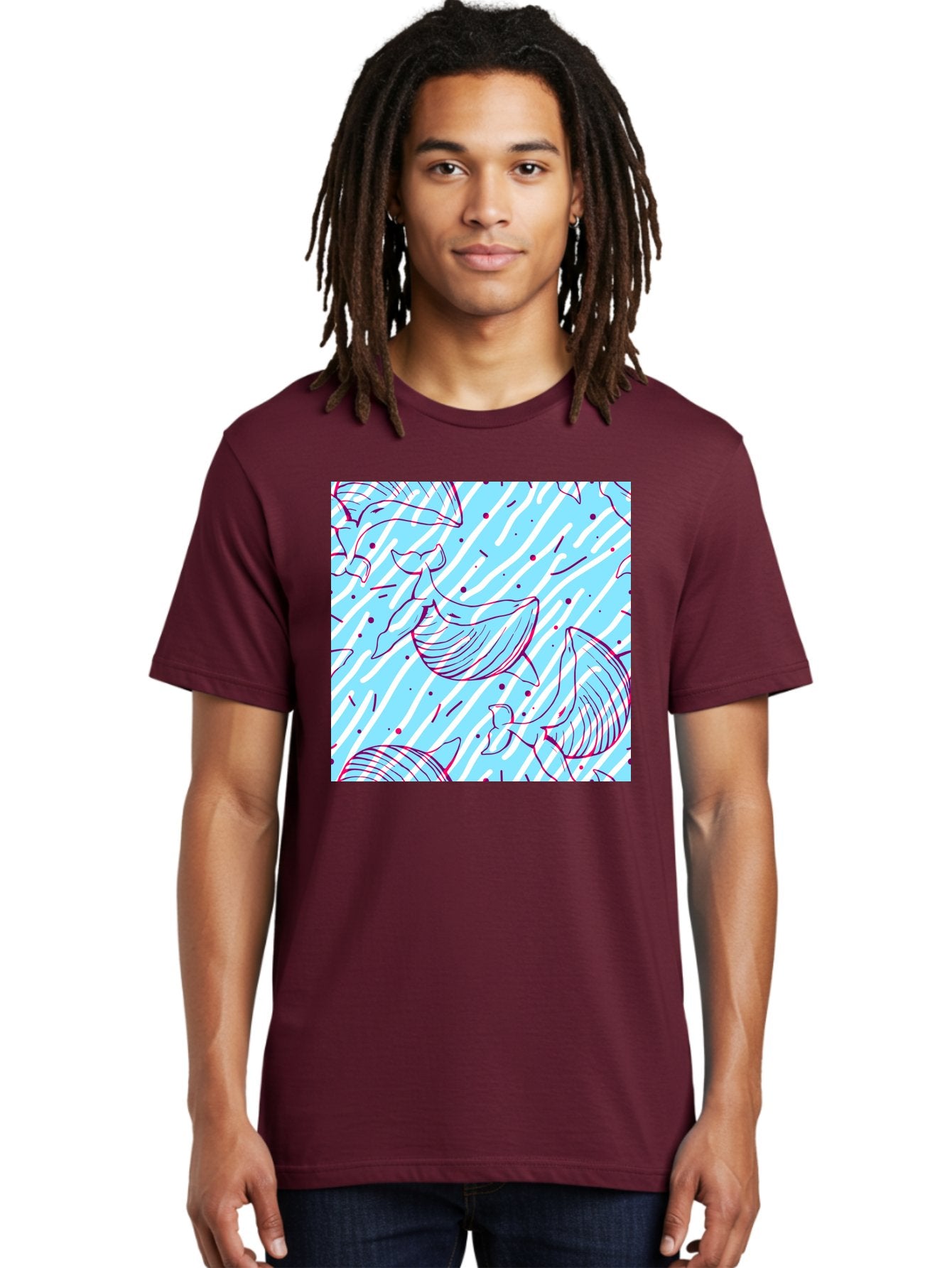 Whales-Pattern Men'S Graphic Tee, 100% Cotton, Comfortable Casual Summer Wear, Machine Washable, Whales, Abstract Pattern, Ocean Animals, Marine Life, Whimsical Design, Wavy Lines, Pink And Blue Hues, Dynamic Graphics, Playful Artwork, Aac429 28