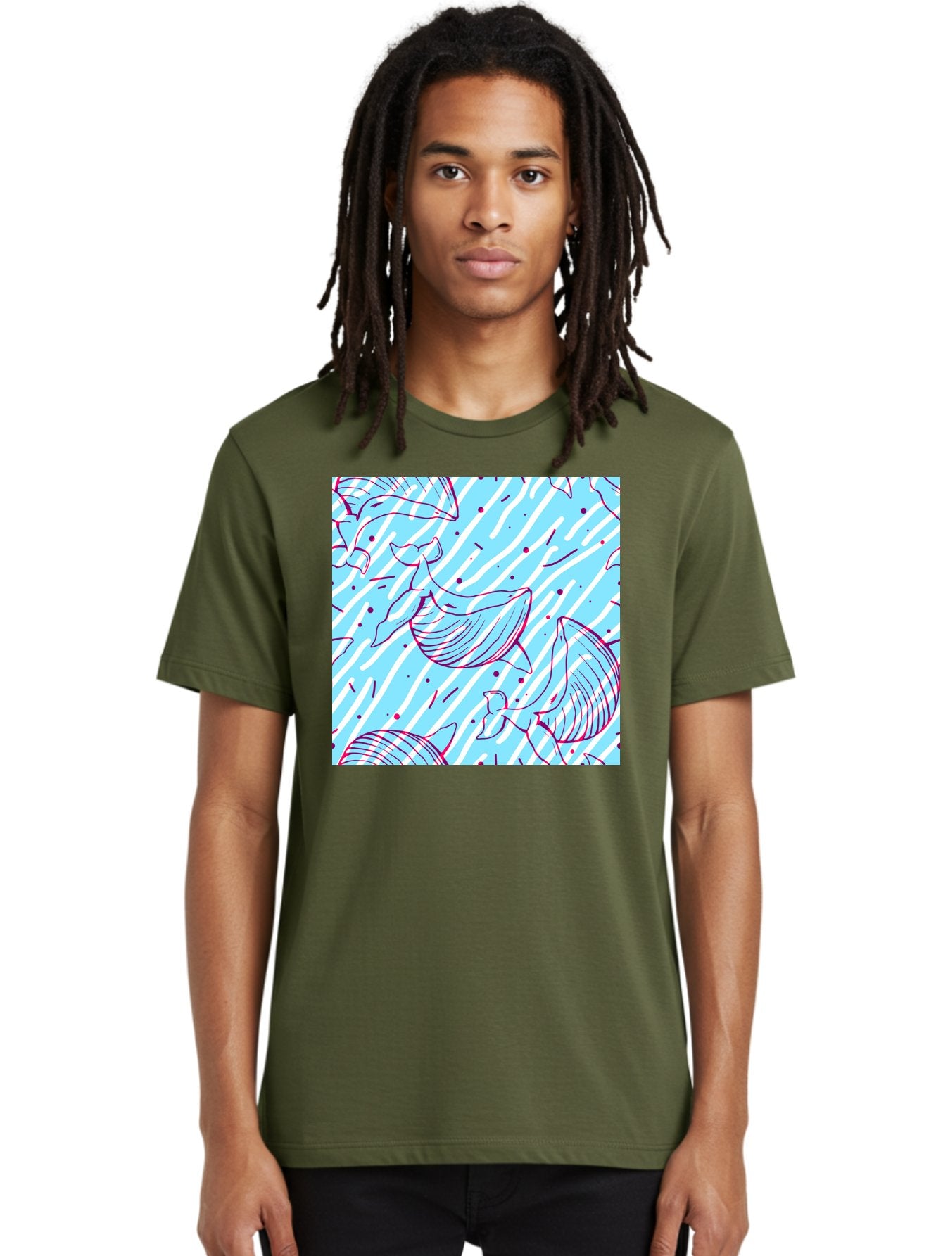 Whales-Pattern Men'S Graphic Tee, 100% Cotton, Comfortable Casual Summer Wear, Machine Washable, Whales, Abstract Pattern, Ocean Animals, Marine Life, Whimsical Design, Wavy Lines, Pink And Blue Hues, Dynamic Graphics, Playful Artwork, Aac429 30