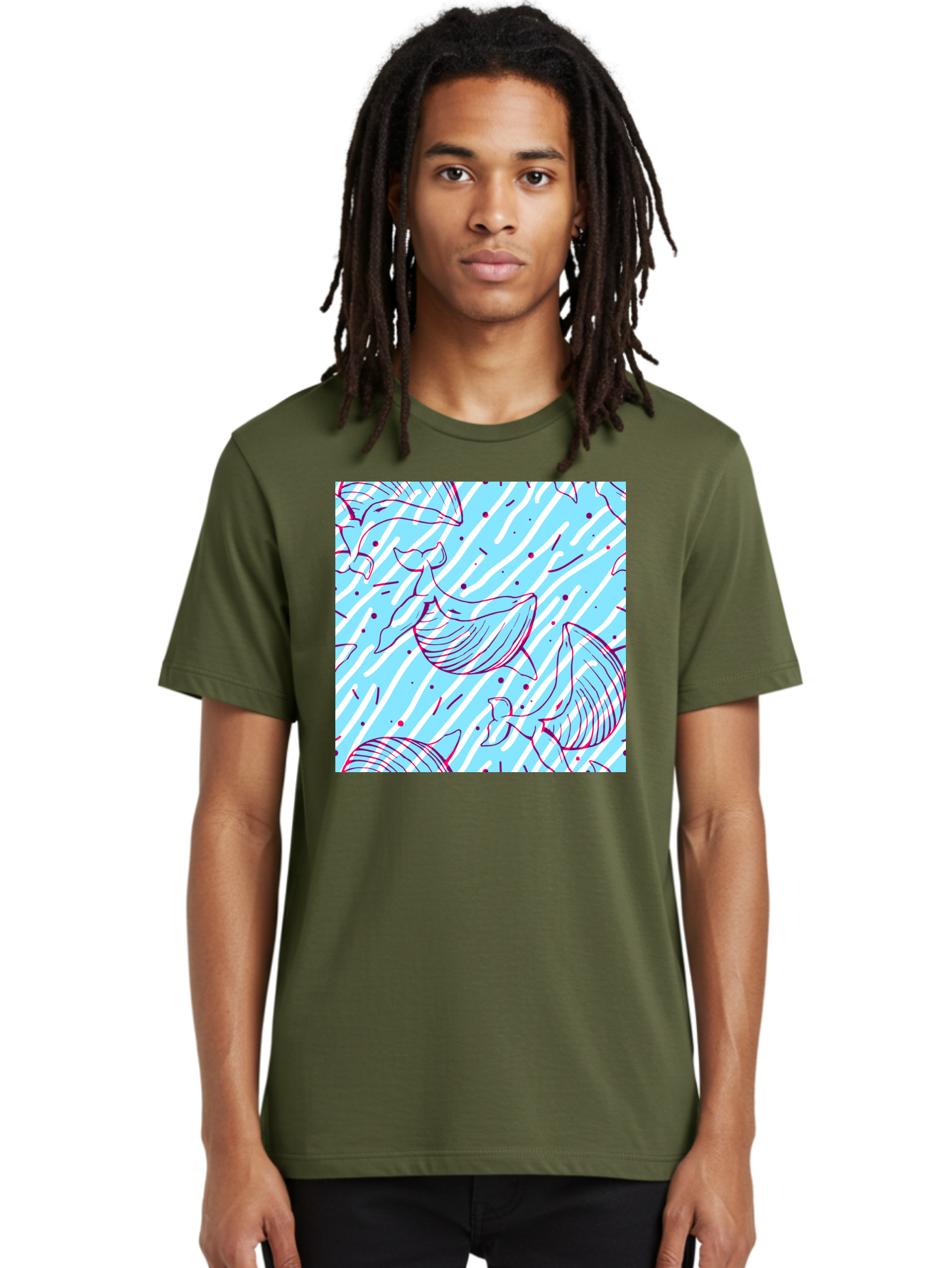 Whales-Pattern Men'S Graphic Tee, 100% Cotton, Comfortable Casual Summer Wear, Machine Washable, Whales, Abstract Pattern, Ocean Animals, Marine Life, Whimsical Design, Wavy Lines, Pink And Blue Hues, Dynamic Graphics, Playful Artwork, Aac429