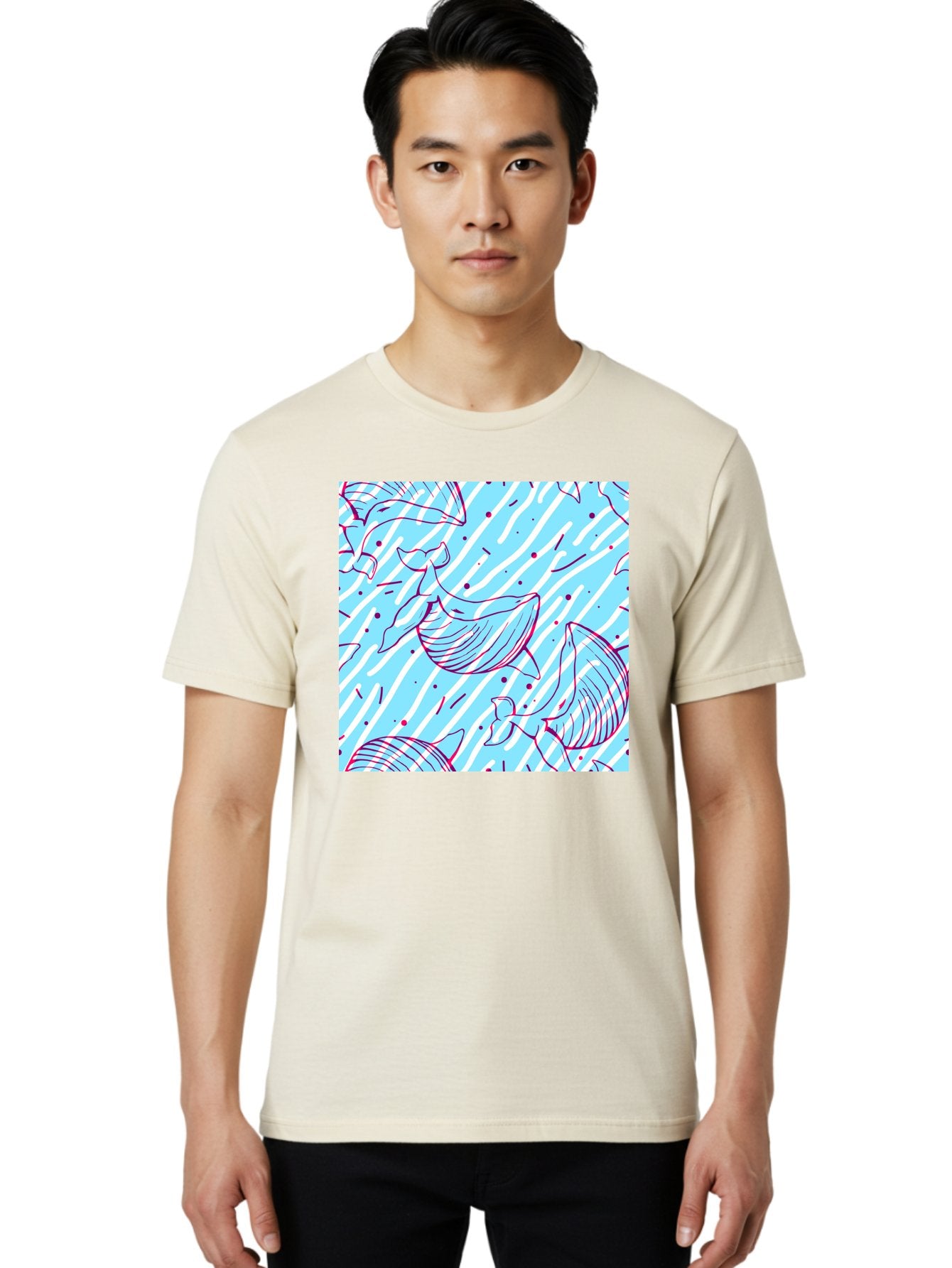 Whales-Pattern Men'S Graphic Tee, 100% Cotton, Comfortable Casual Summer Wear, Machine Washable, Whales, Abstract Pattern, Ocean Animals, Marine Life, Whimsical Design, Wavy Lines, Pink And Blue Hues, Dynamic Graphics, Playful Artwork, Aac429 16