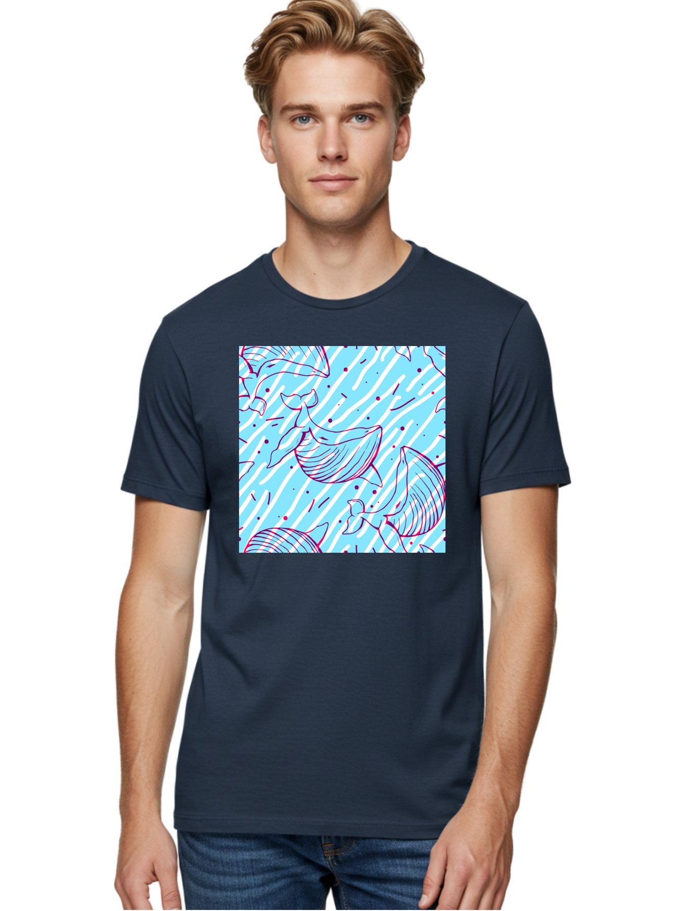Whales-Pattern Men'S Graphic Tee, 100% Cotton, Comfortable Casual Summer Wear, Machine Washable, Whales, Abstract Pattern, Ocean Animals, Marine Life, Whimsical Design, Wavy Lines, Pink And Blue Hues, Dynamic Graphics, Playful Artwork, Aac429 26